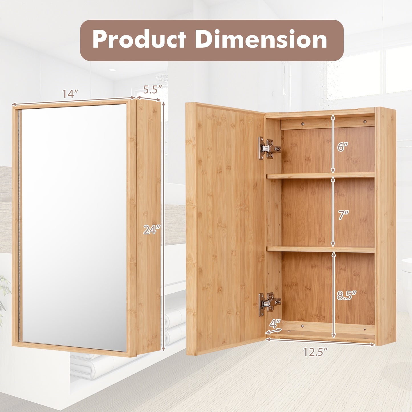 Wall Mounted Bamboo Medicine Cabinet with Mirror & Adjustable Shelves