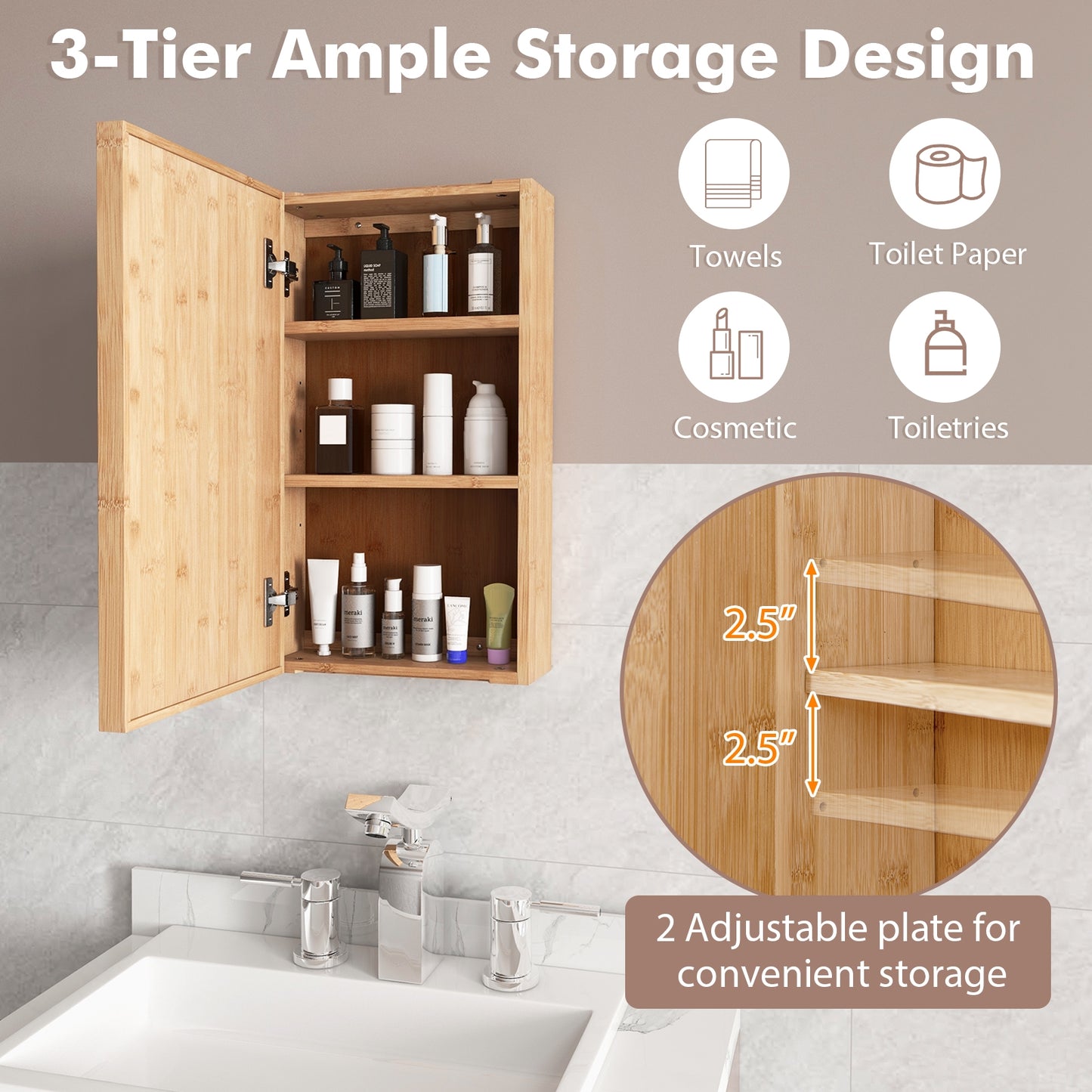 Wall Mounted Bamboo Medicine Cabinet with Mirror & Adjustable Shelves