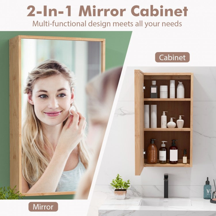 Wall Mounted Bamboo Medicine Cabinet with Mirror & Adjustable Shelves