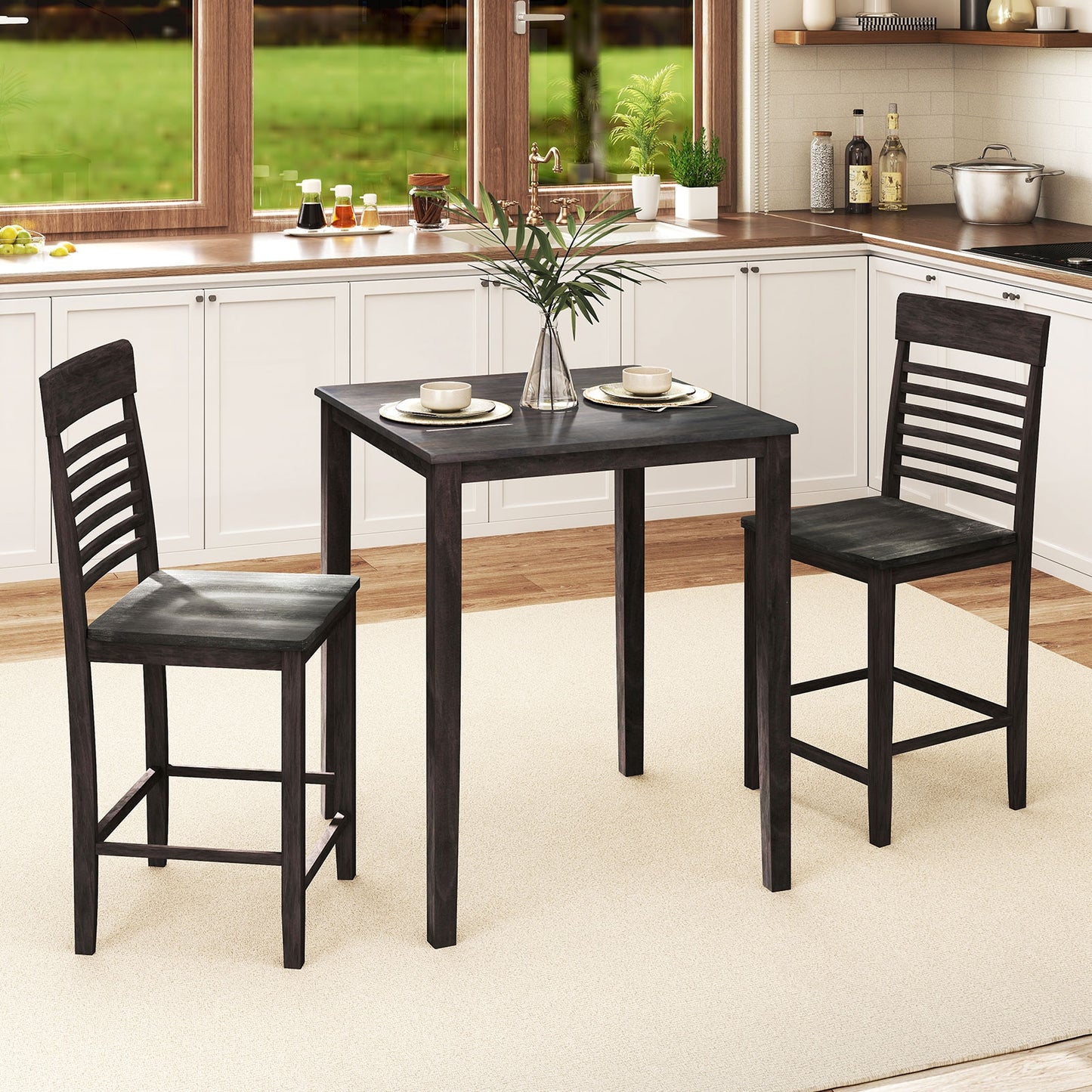 3 Piece Counter Height Dining Set with Solid Wood Table and Chairs for Small Spaces