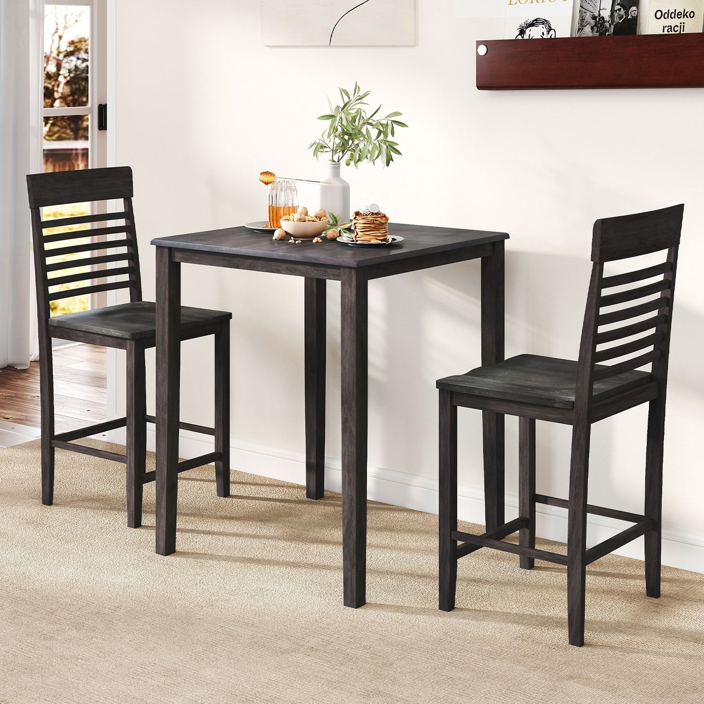 3 Piece Counter Height Dining Set with Solid Wood Table and Chairs for Small Spaces