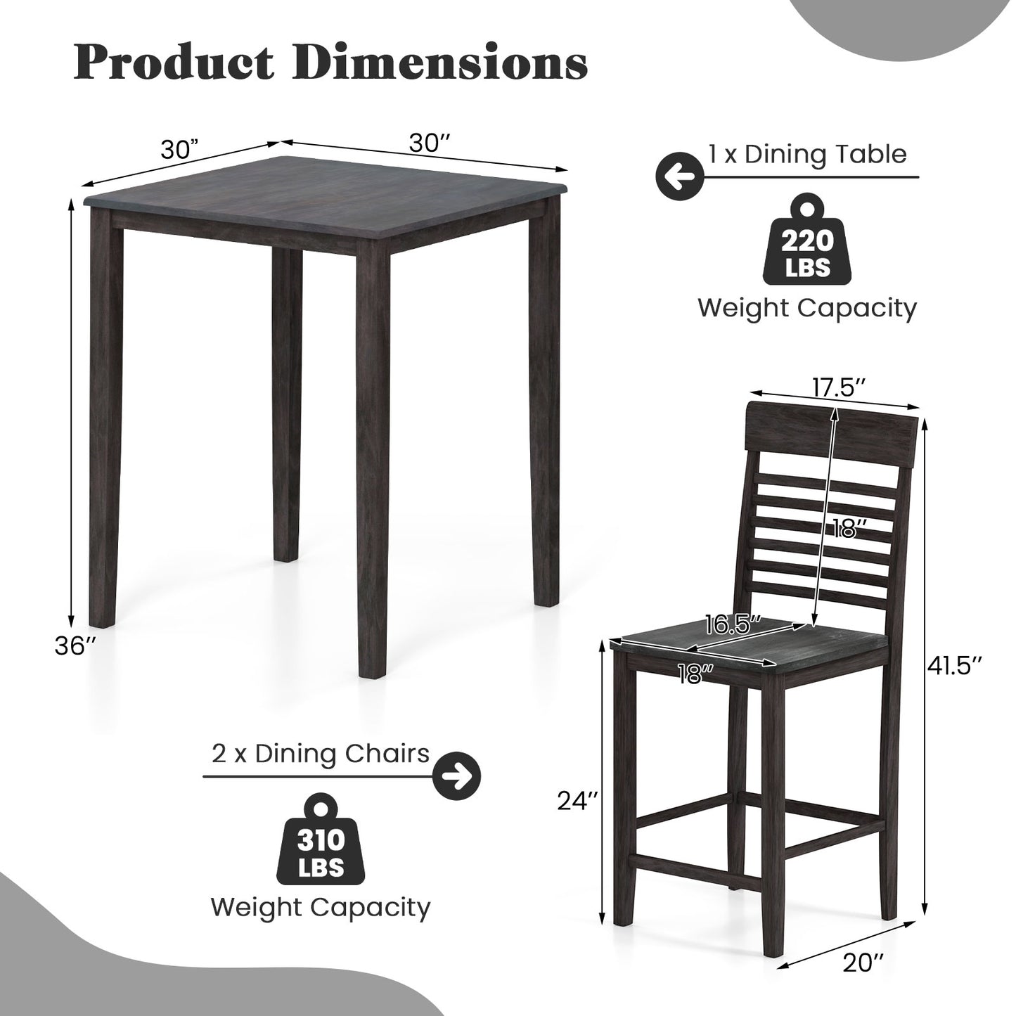3 Piece Counter Height Dining Set with Solid Wood Table and Chairs for Small Spaces
