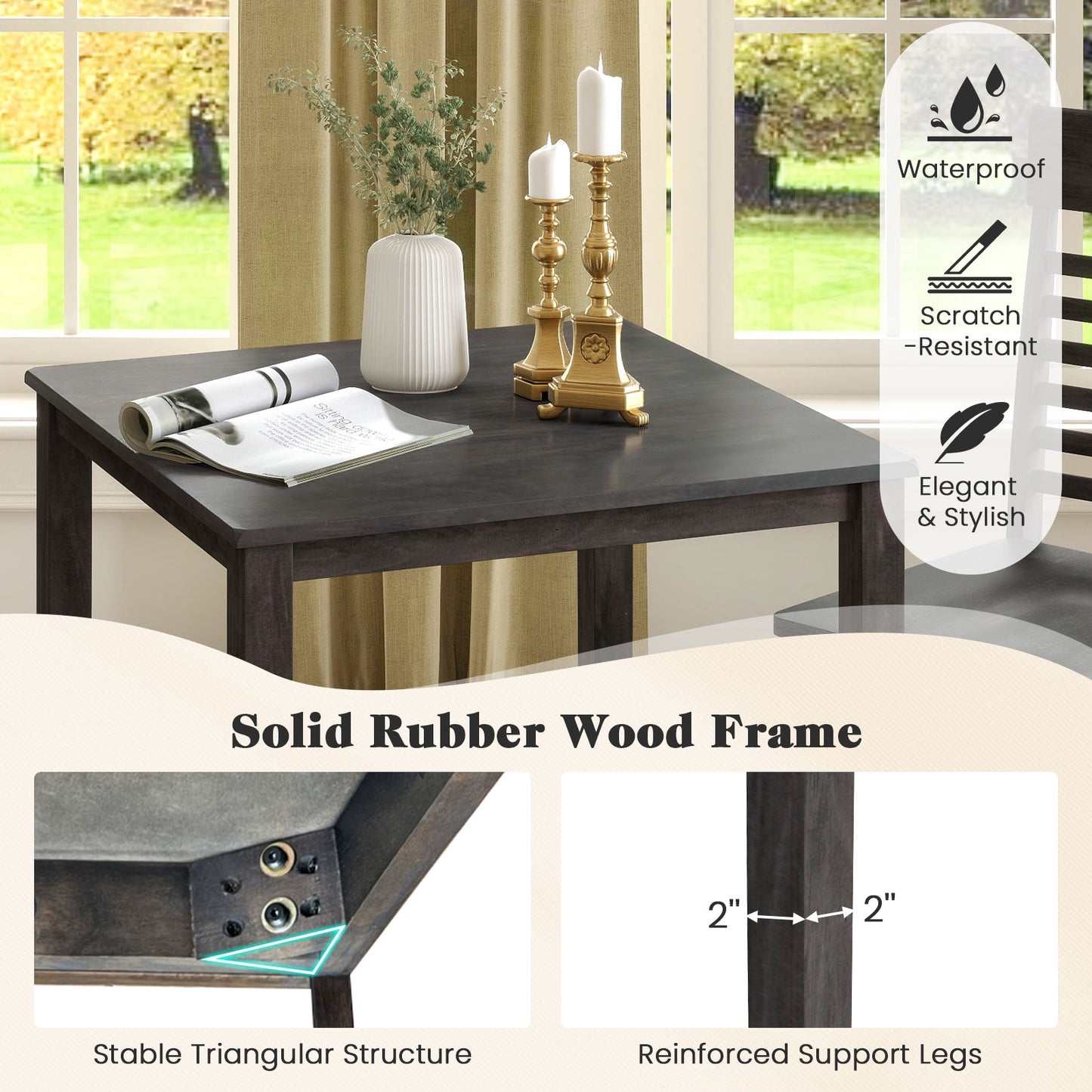 3 Piece Counter Height Dining Set with Solid Wood Table and Chairs for Small Spaces