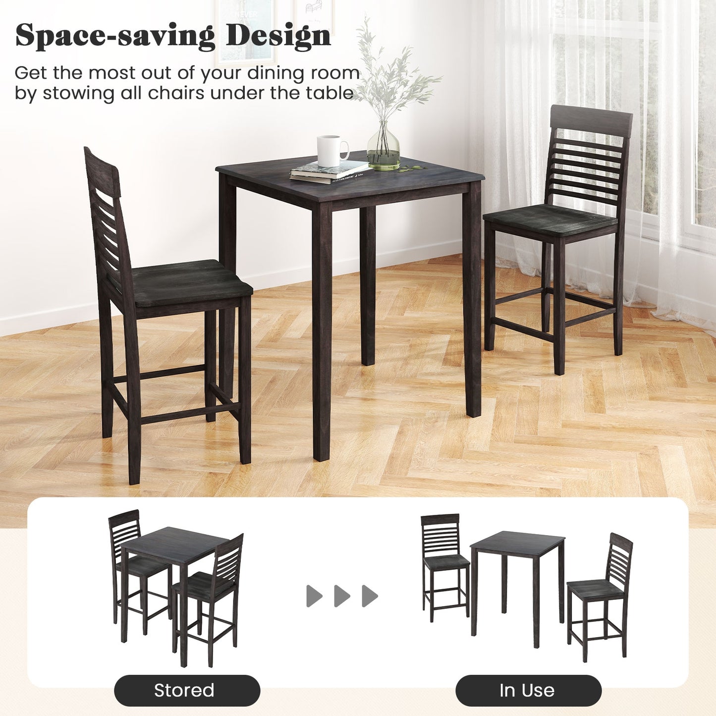 3 Piece Counter Height Dining Set with Solid Wood Table and Chairs for Small Spaces