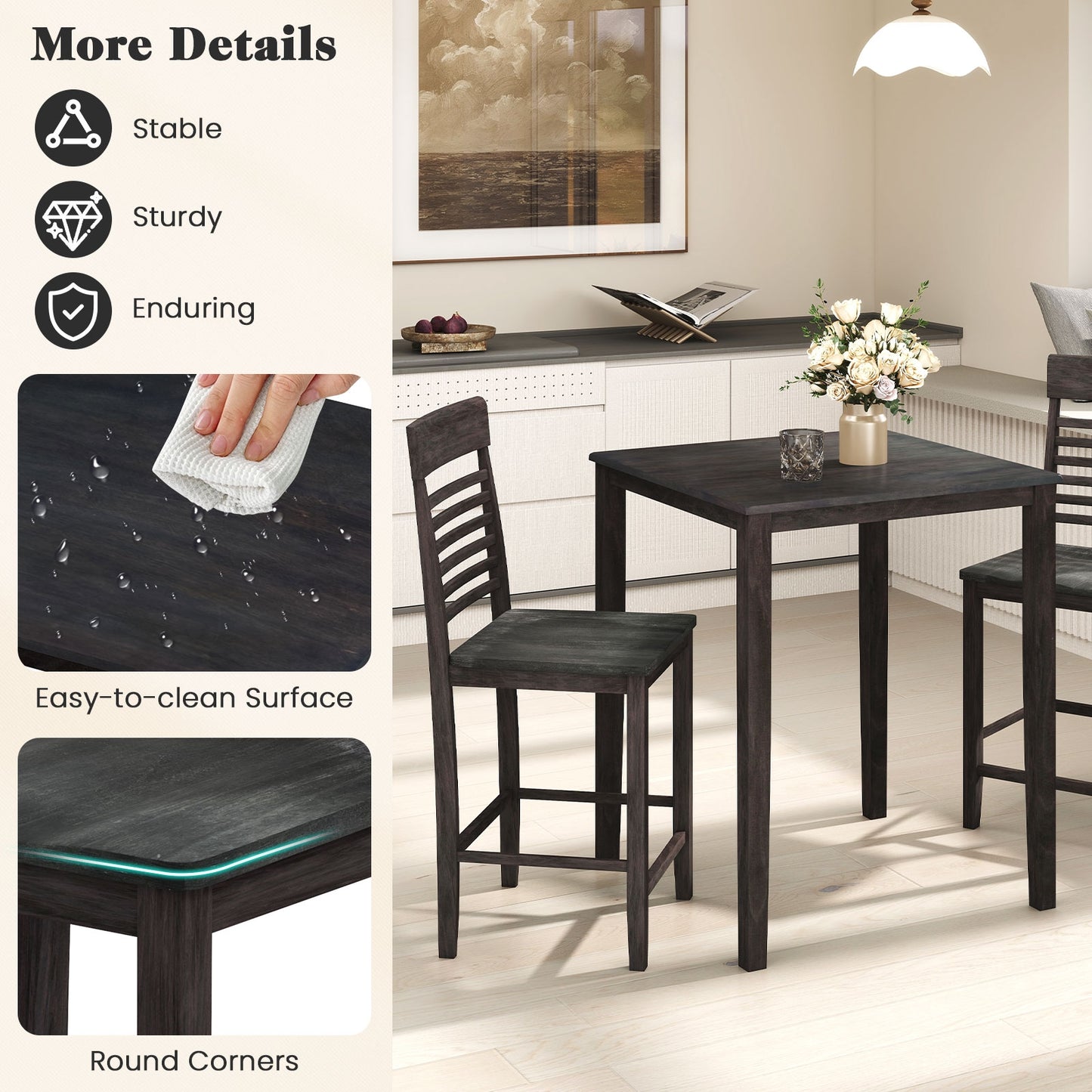 3 Piece Counter Height Dining Set with Solid Wood Table and Chairs for Small Spaces
