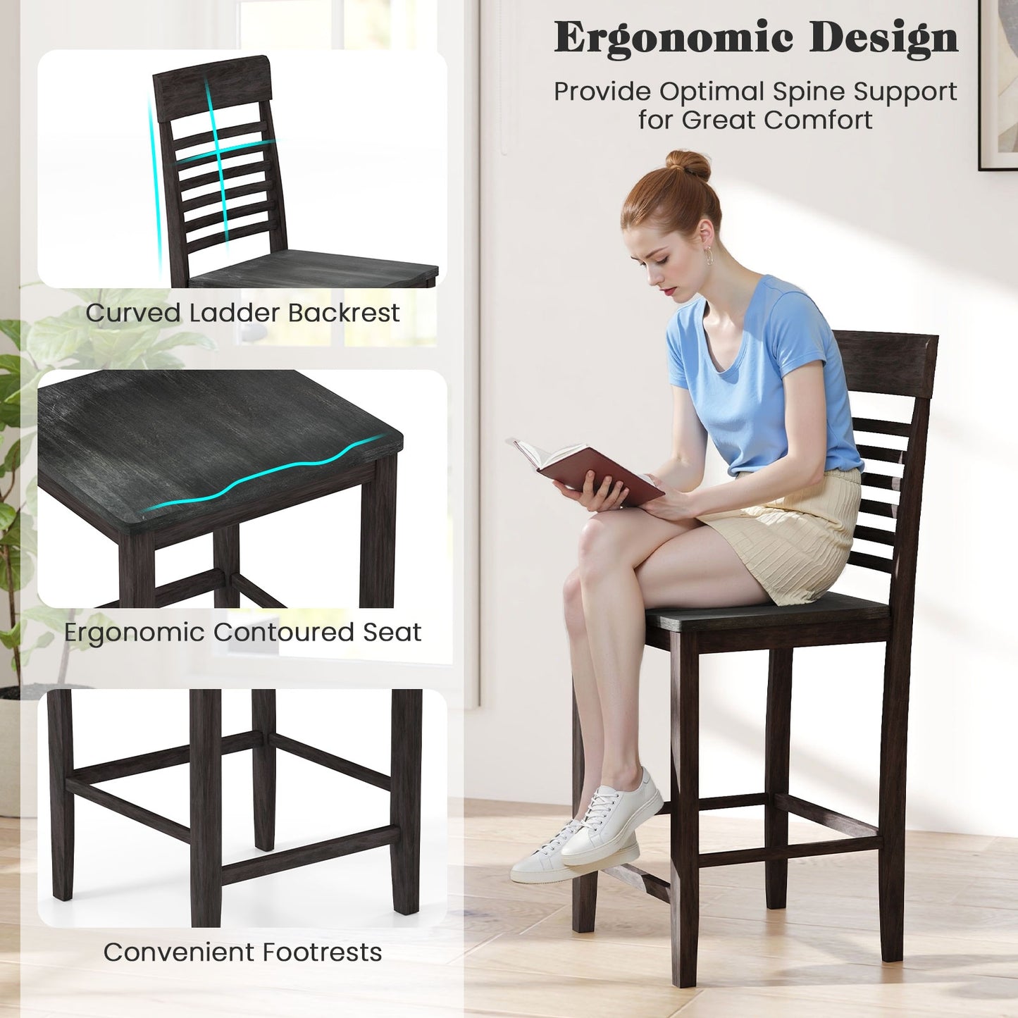 3 Piece Counter Height Dining Set with Solid Wood Table and Chairs for Small Spaces
