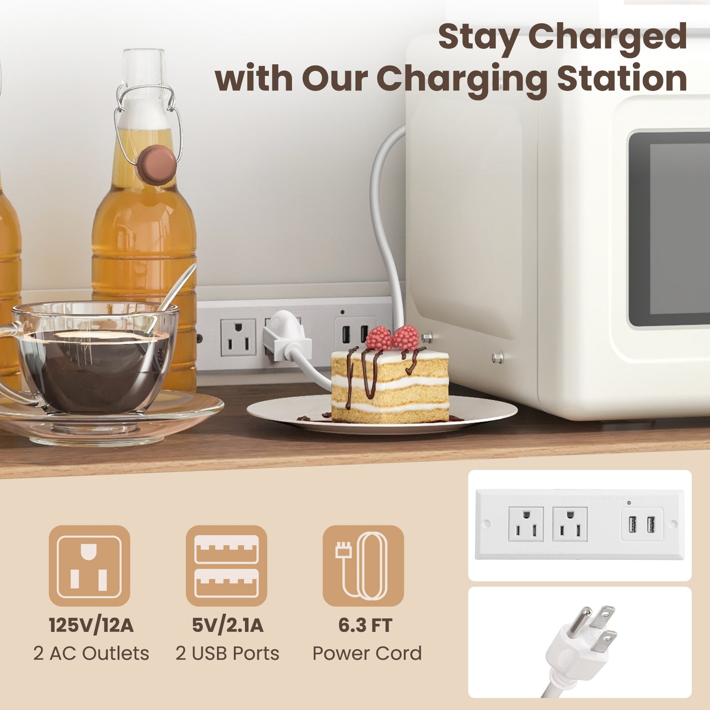 71 Inch Tall Kitchen Pantry Cabinet with Built-in Outlets and USB Ports for Dining Room Storage