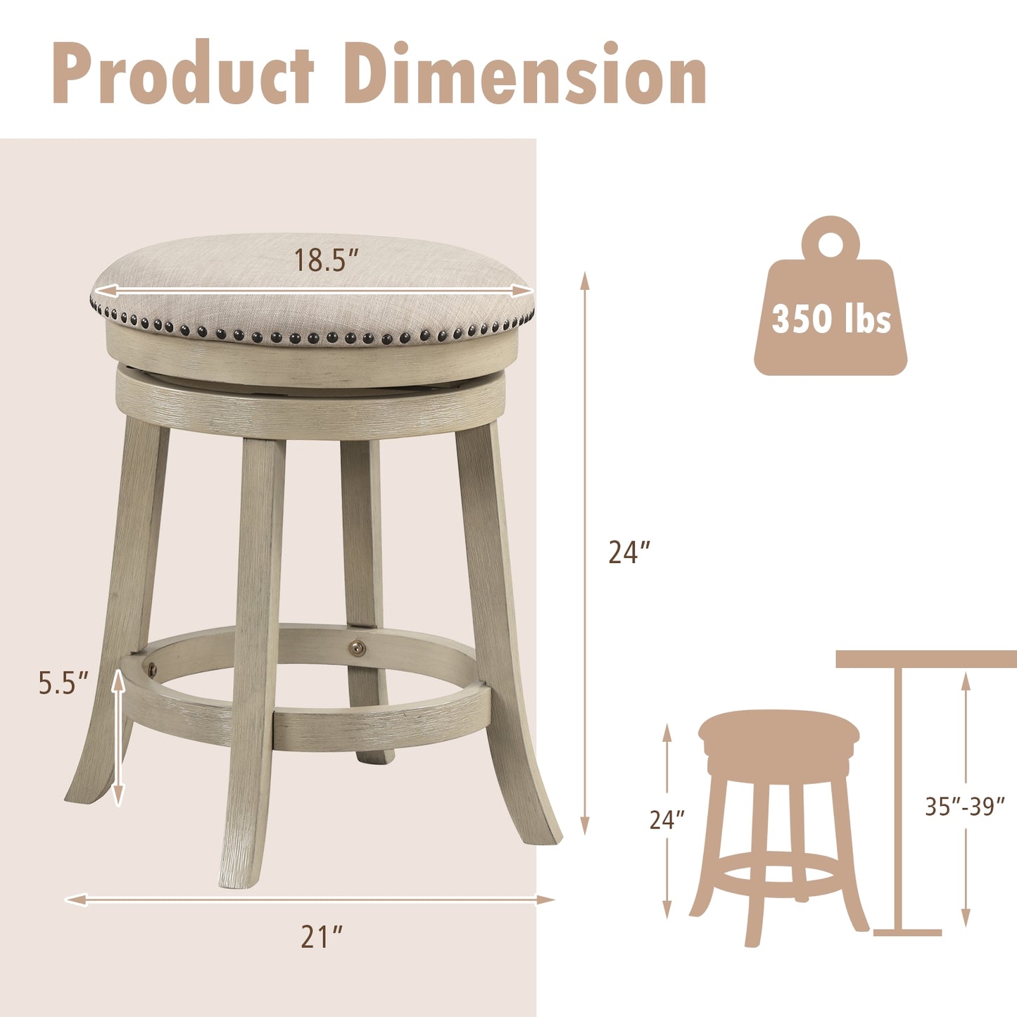 360° Swivel Bar Stools with Solid Wood Frame and Comfortable Seat Set of 2, 24"