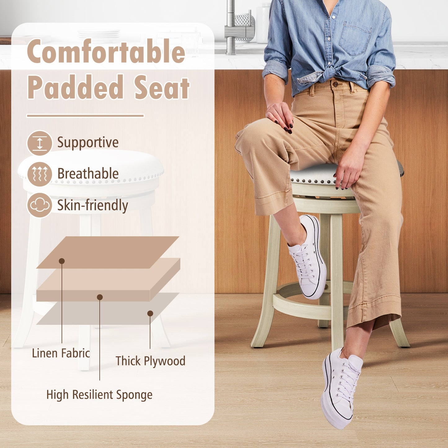 360° Swivel Bar Stools with Solid Wood Frame and Comfortable Seat Set of 2, 24"