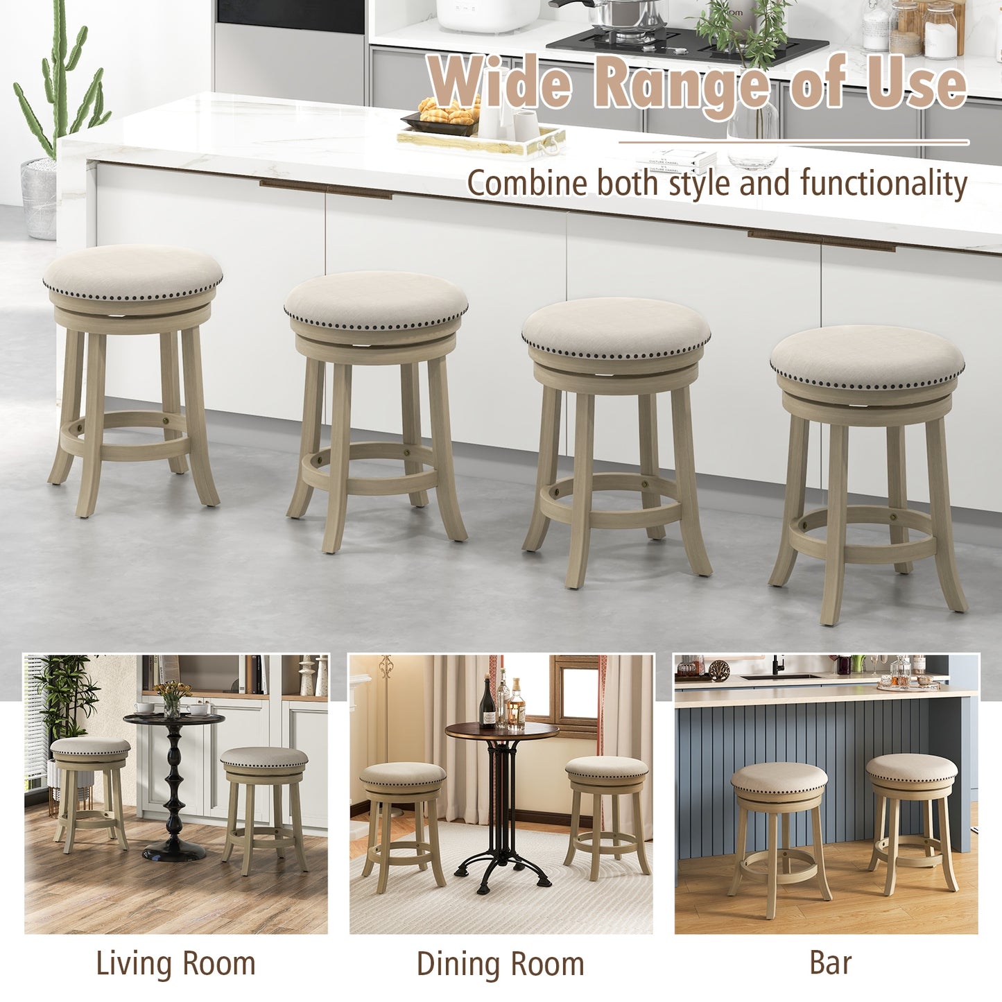 360° Swivel Bar Stools with Solid Wood Frame and Comfortable Seat Set of 2, 24"