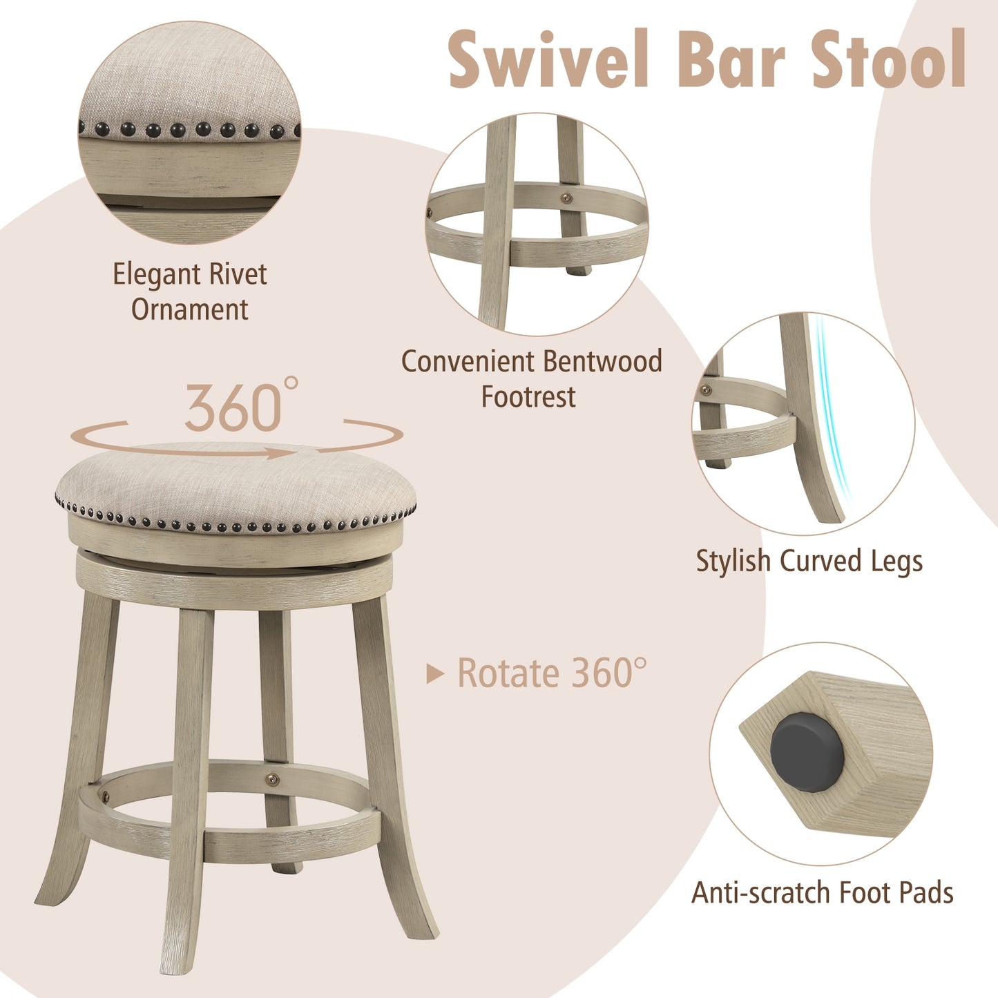 360° Swivel Bar Stools with Solid Wood Frame and Comfortable Seat Set of 2, 24"