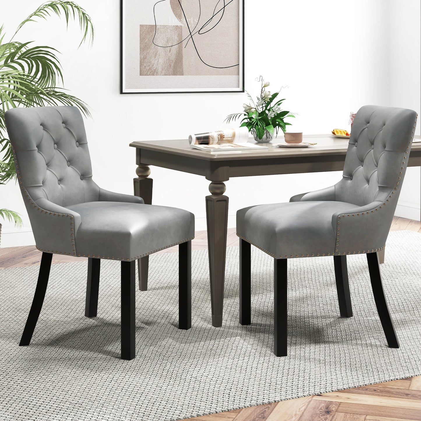 Velvet Tufted Wingback Dining Chairs with Rubber Wood Legs – Set of 2, Grey