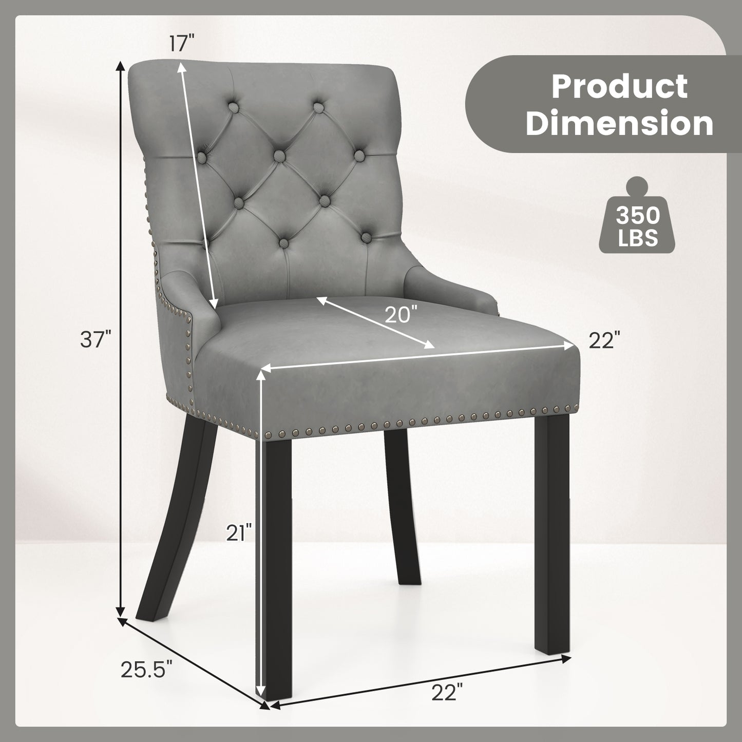 Velvet Tufted Wingback Dining Chairs with Rubber Wood Legs – Set of 2, Grey