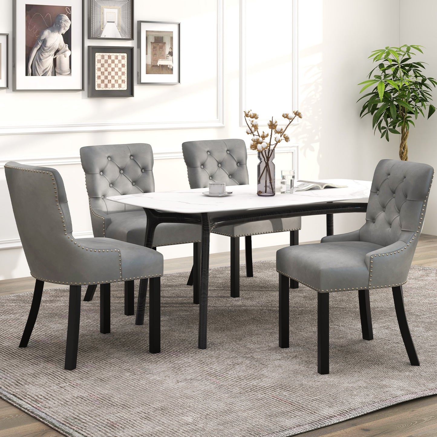 Velvet Tufted Wingback Dining Chairs with Rubber Wood Legs – Set of 2, Grey