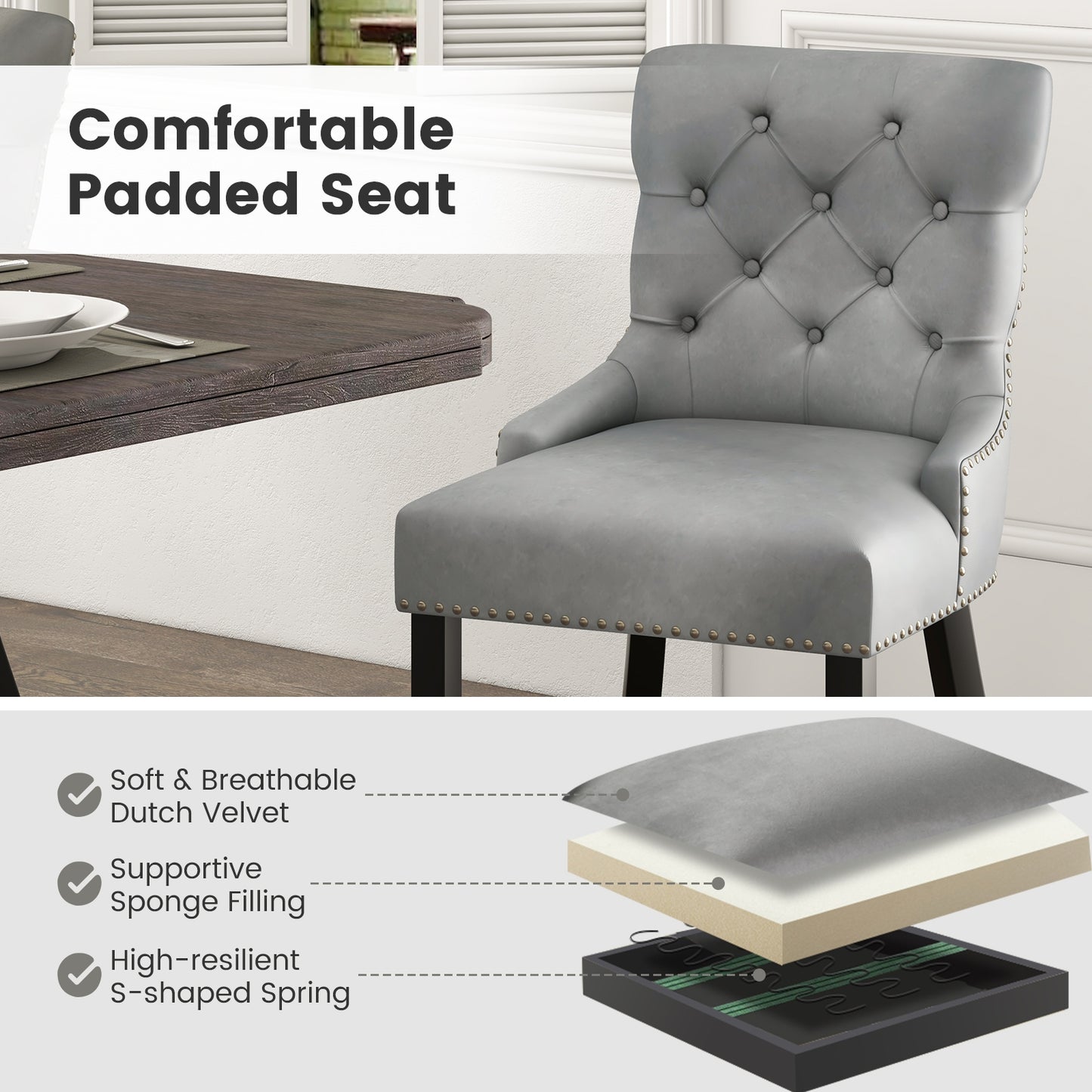 Velvet Tufted Wingback Dining Chairs with Rubber Wood Legs – Set of 2, Grey