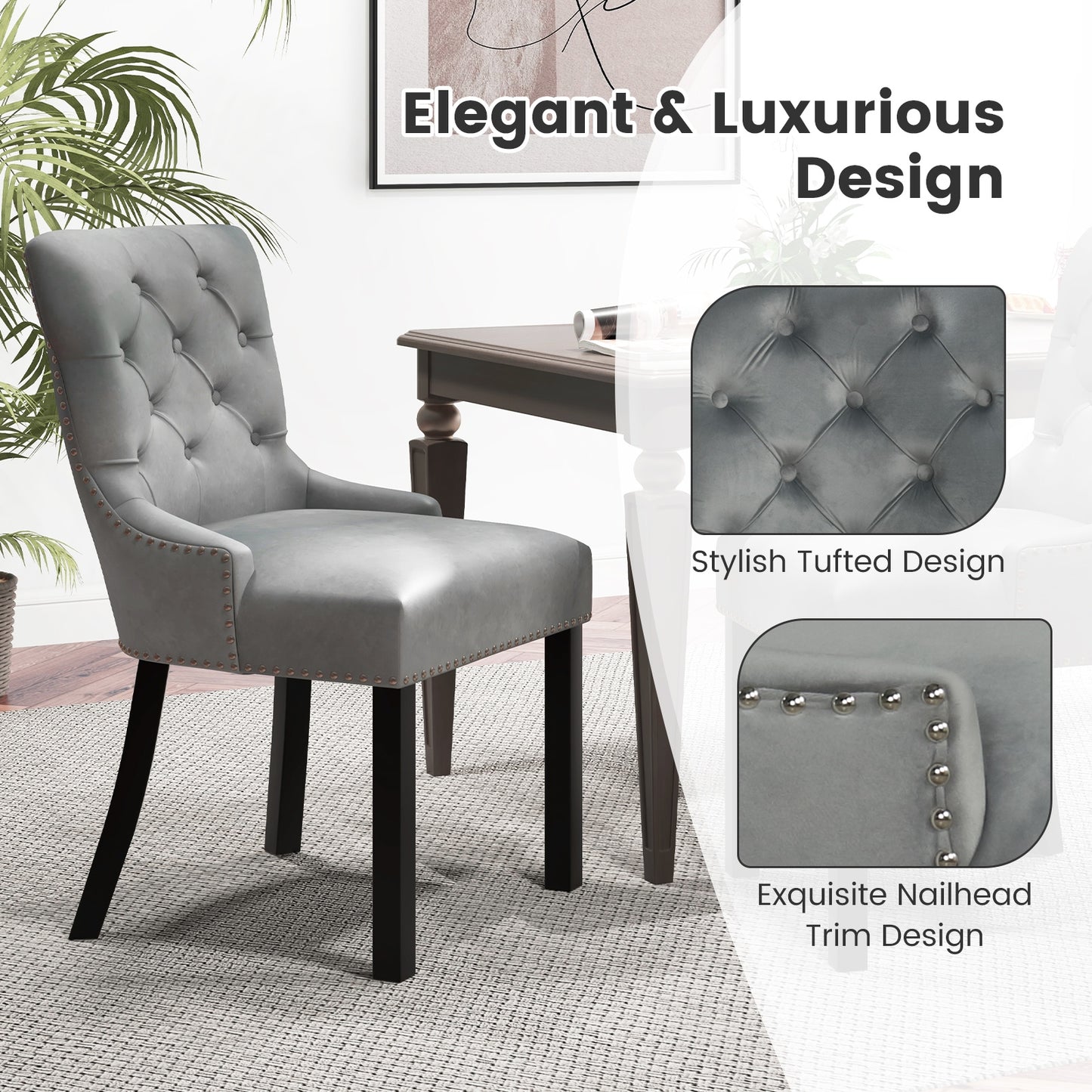 Velvet Tufted Wingback Dining Chairs with Rubber Wood Legs – Set of 2, Grey