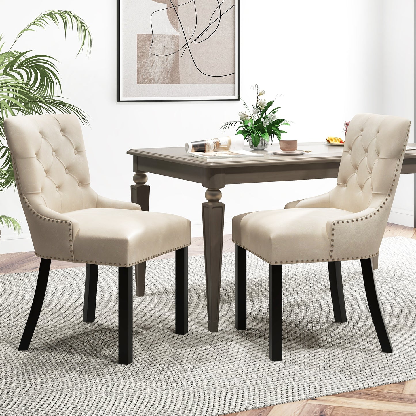 Velvet Tufted Wingback Dining Chairs with Rubber Wood Legs – Set of 2, Beige