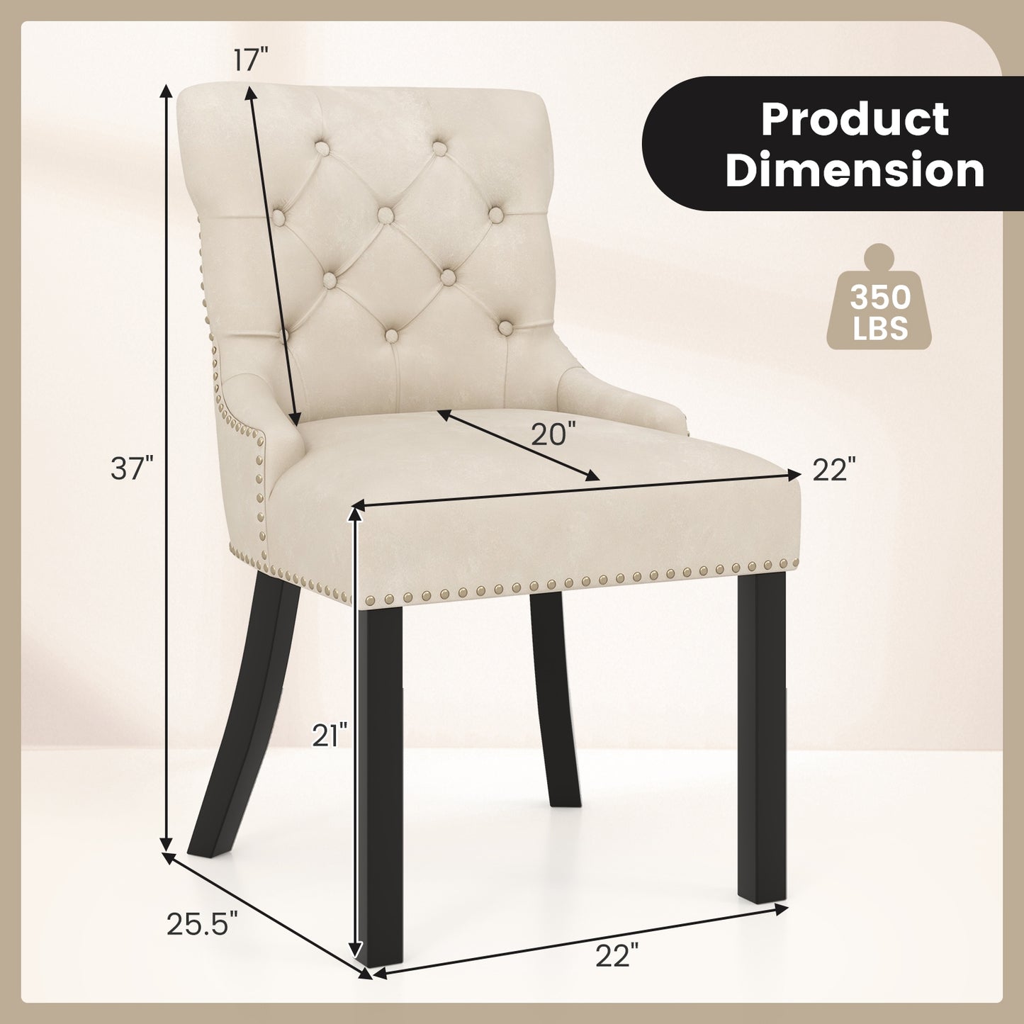 Velvet Tufted Wingback Dining Chairs with Rubber Wood Legs – Set of 2, Beige