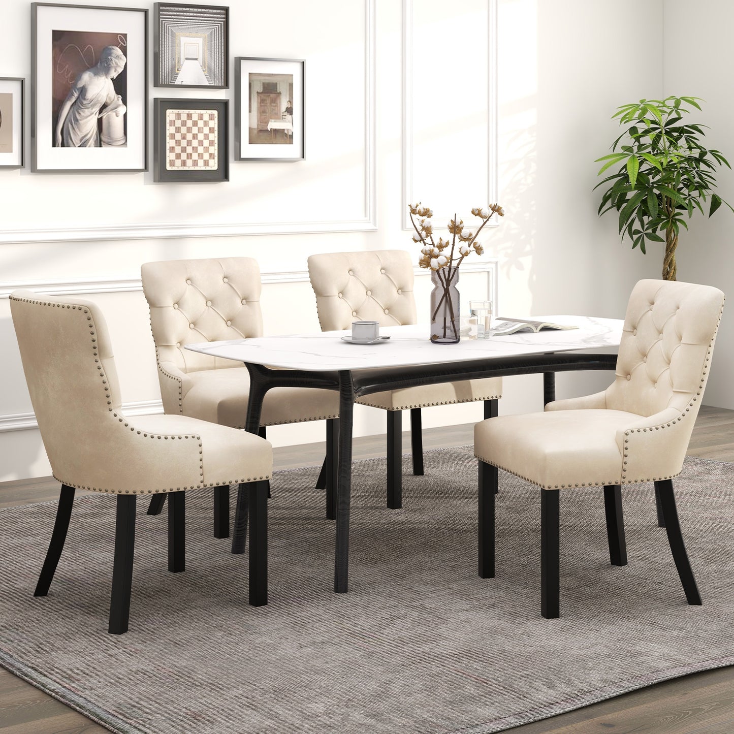 Velvet Tufted Wingback Dining Chairs with Rubber Wood Legs – Set of 2, Beige