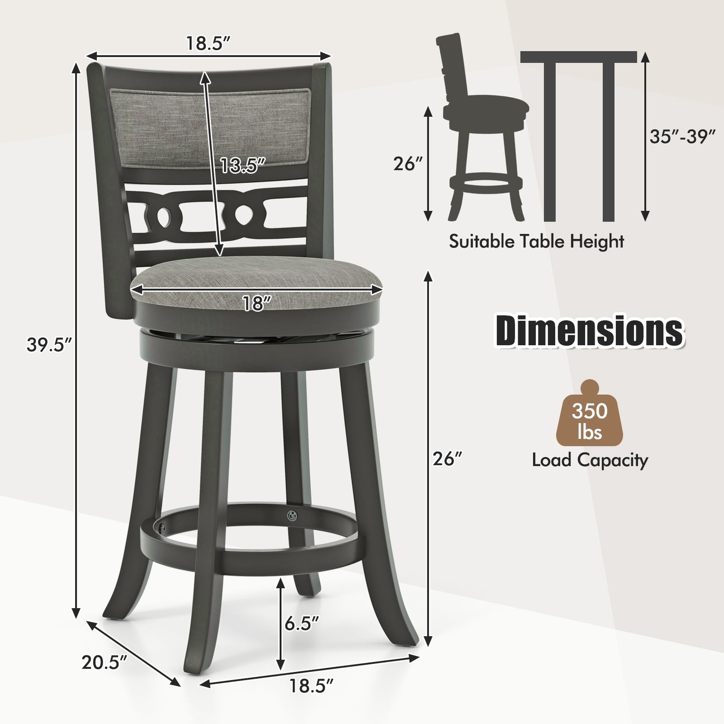 Swivel Bar Chair Set of 1 or 2 with Wooden Frame and 26" Seat Height for Pub or Kitchen