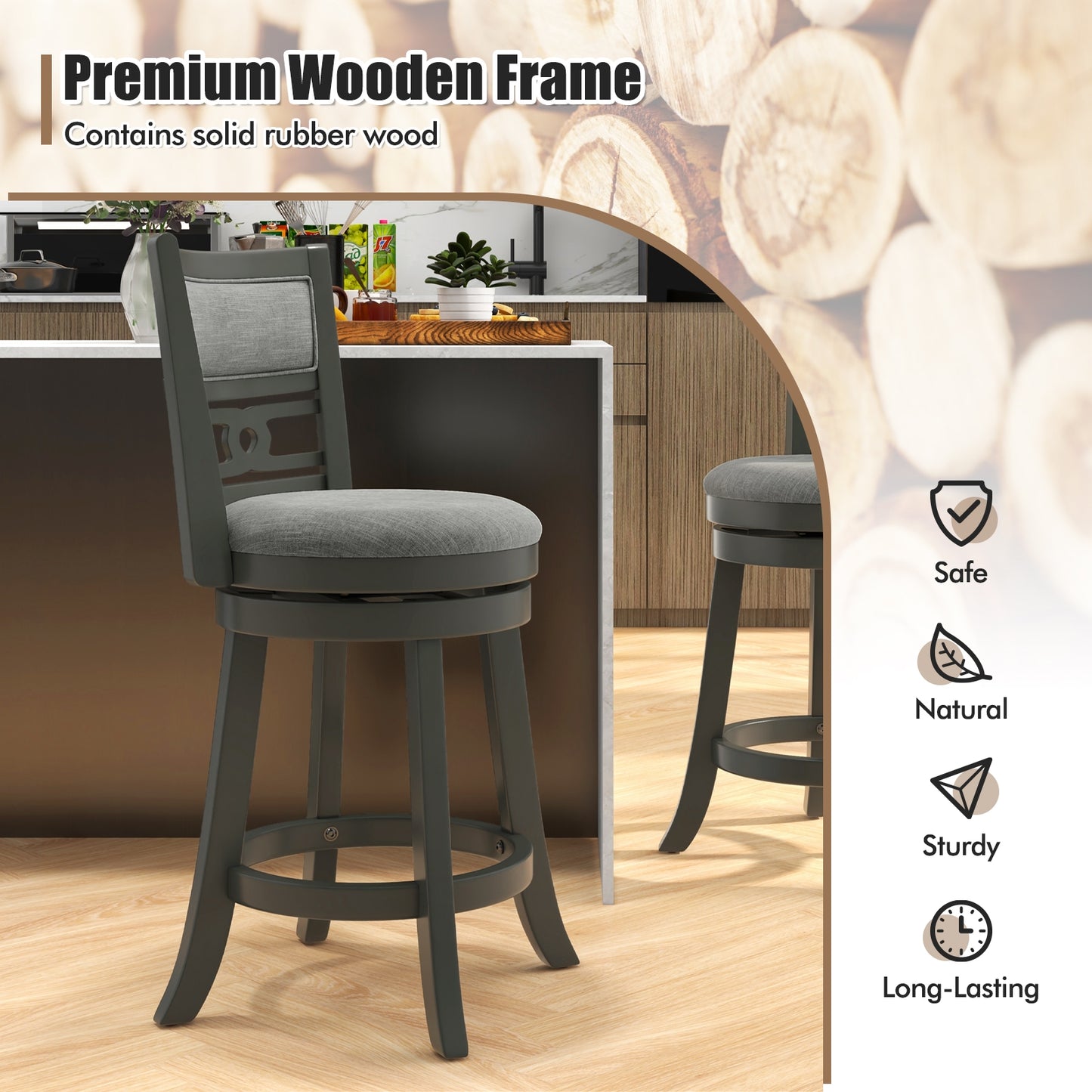 Swivel Bar Chair Set of 1 or 2 with Wooden Frame and 26" Seat Height for Pub or Kitchen