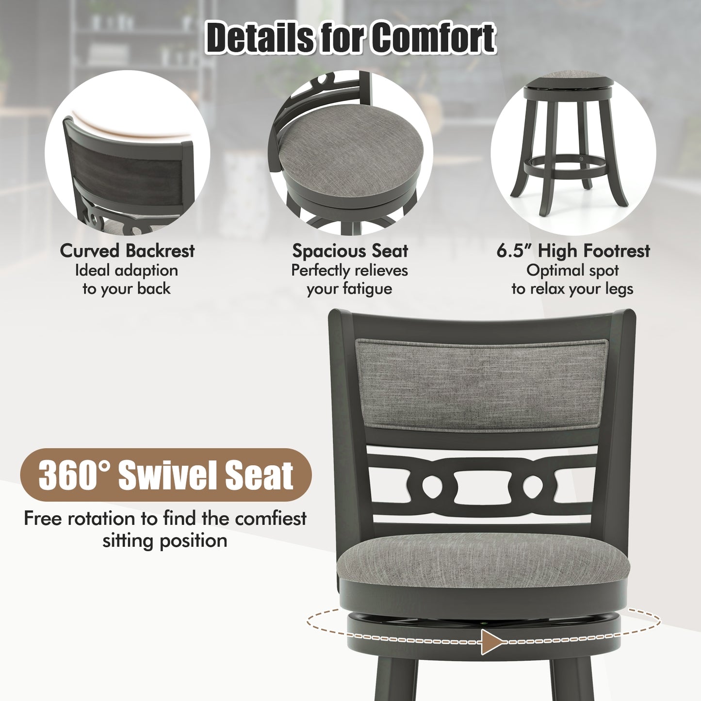 Swivel Bar Chair Set of 1 or 2 with Wooden Frame and 26" Seat Height for Pub or Kitchen