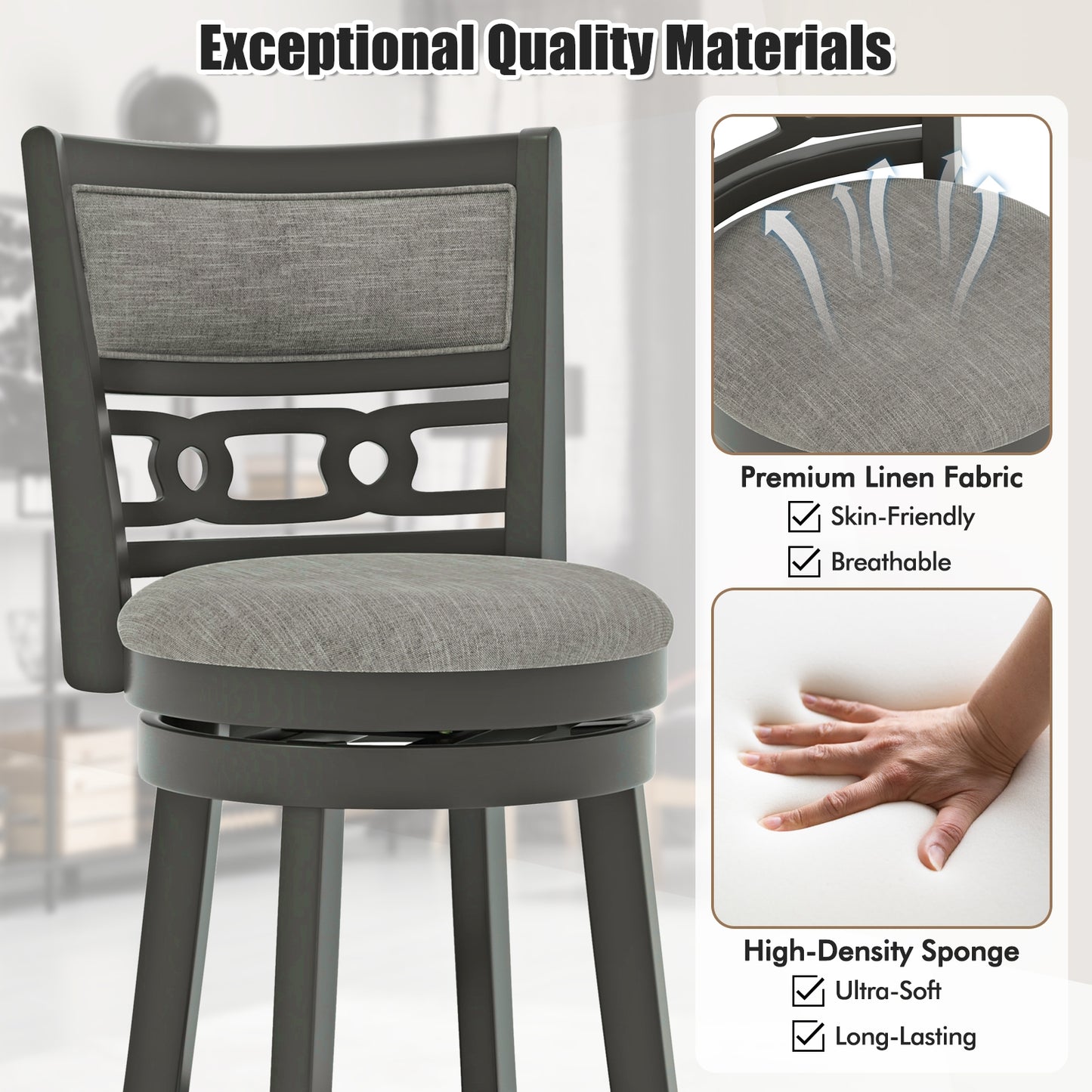 Swivel Bar Chair Set of 1 or 2 with Wooden Frame and 26" Seat Height for Pub or Kitchen