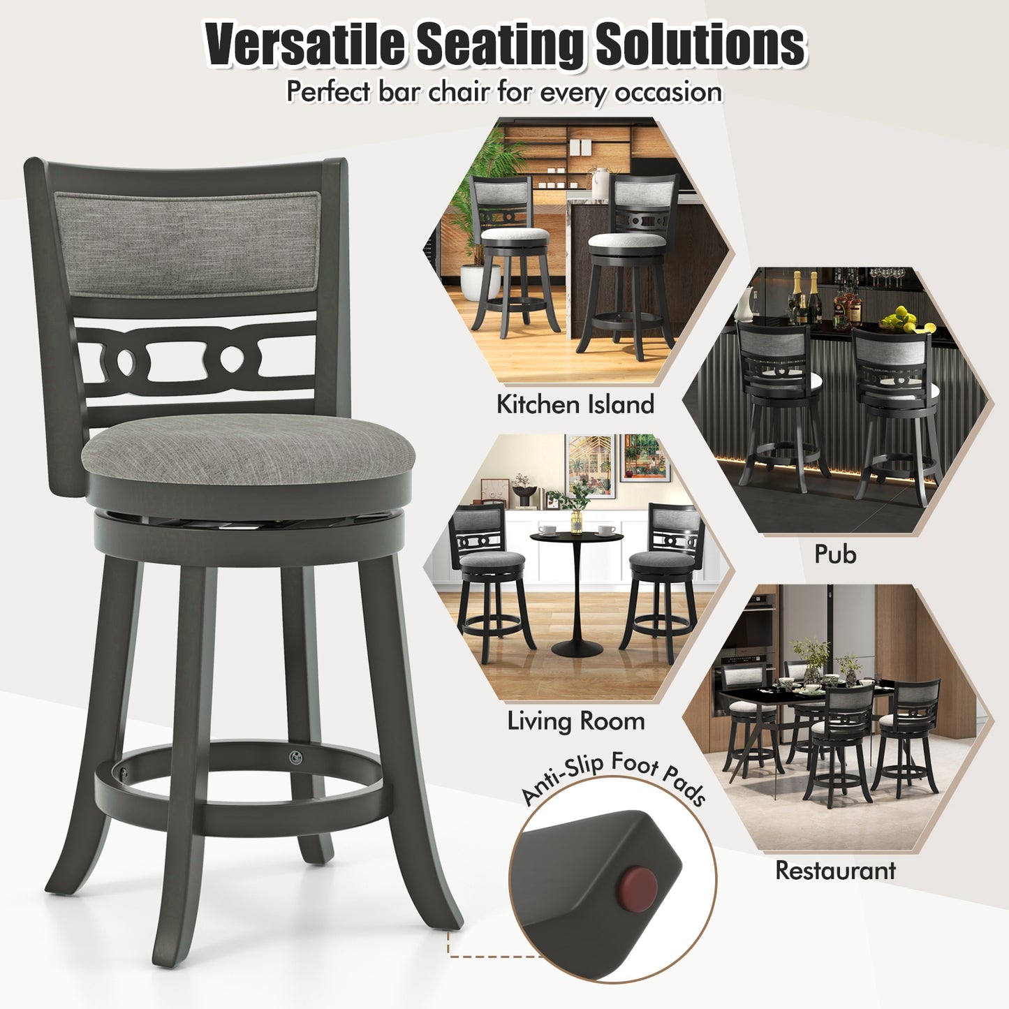 Swivel Bar Chair Set of 1 or 2 with Wooden Frame and 26" Seat Height for Pub or Kitchen