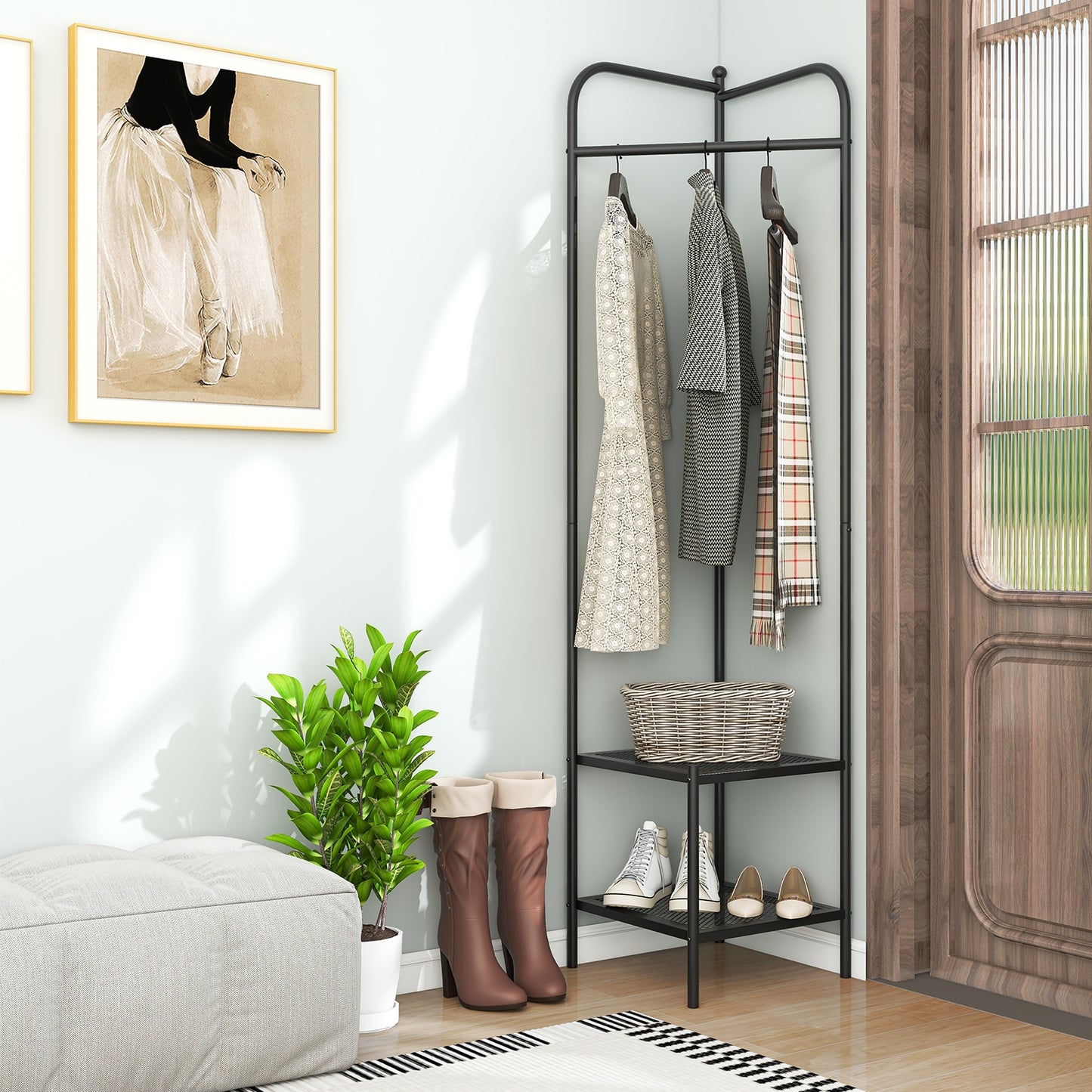 Metal Corner Hall Tree with Hanger Bar and Dual Mesh Shoe Shelves - Black