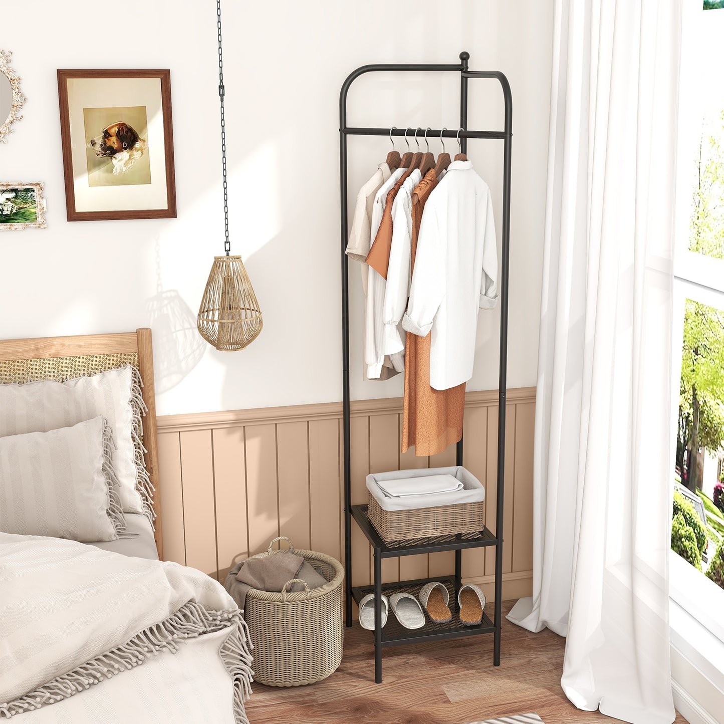 Metal Corner Hall Tree with Hanger Bar and Dual Mesh Shoe Shelves - Black