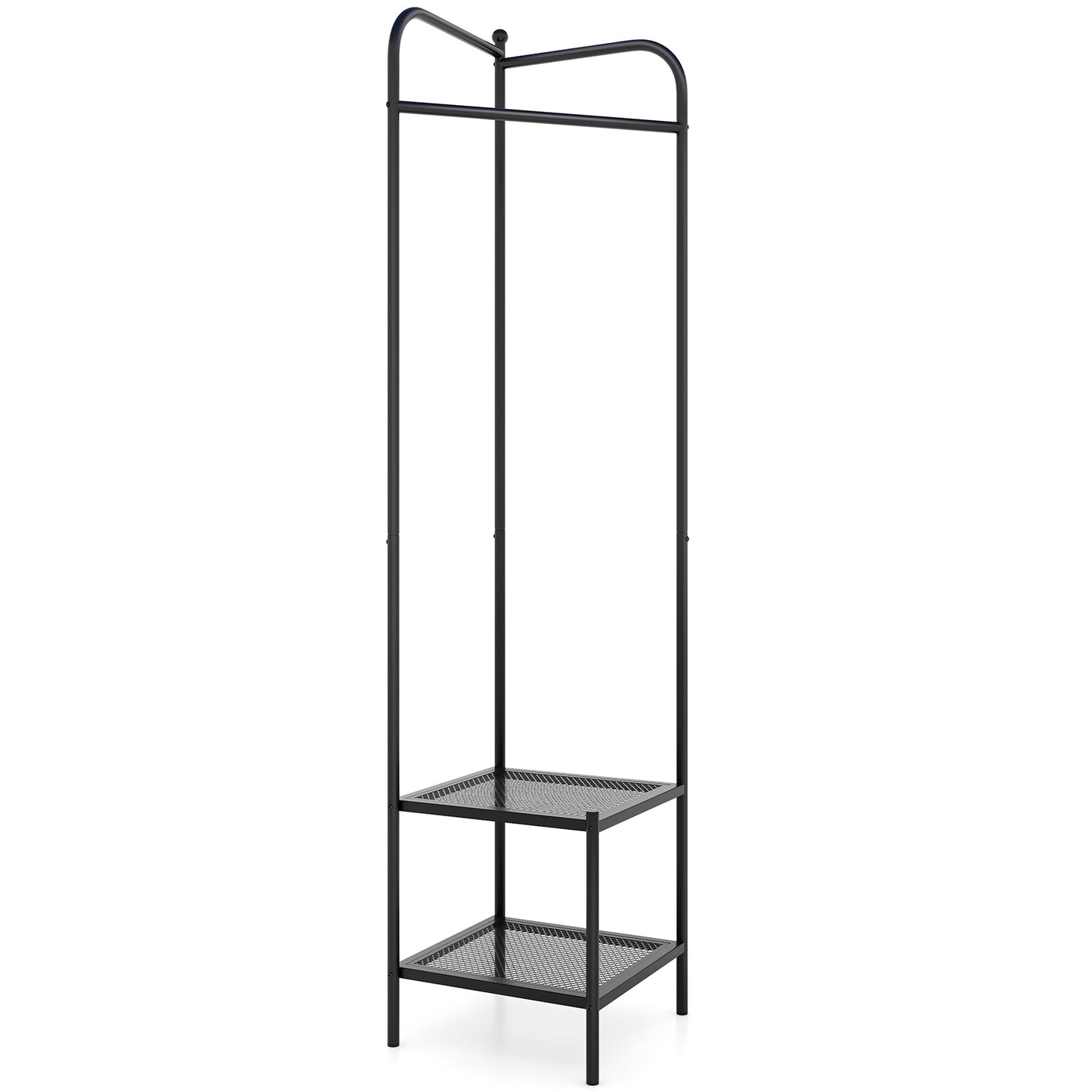 Metal Corner Hall Tree with Hanger Bar and Dual Mesh Shoe Shelves - Black