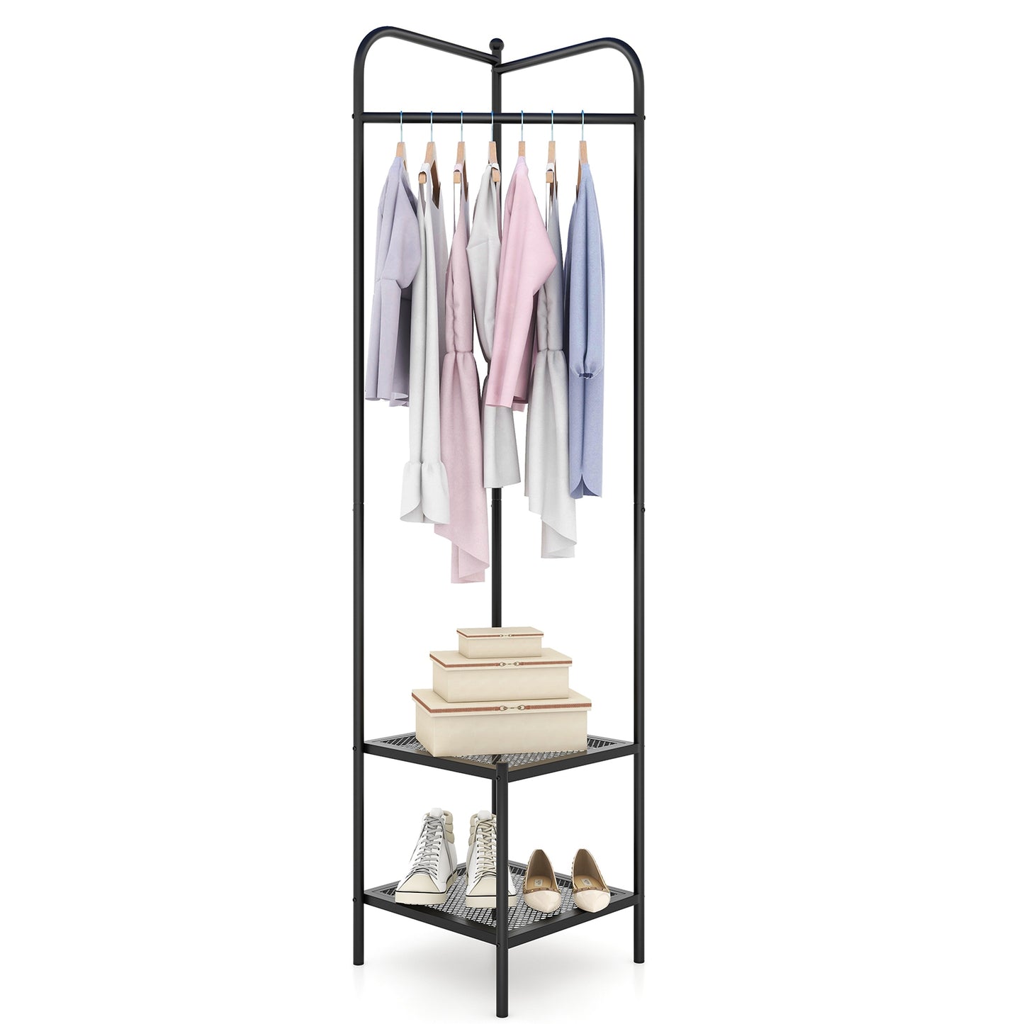 Metal Corner Hall Tree with Hanger Bar and Dual Mesh Shoe Shelves - Black