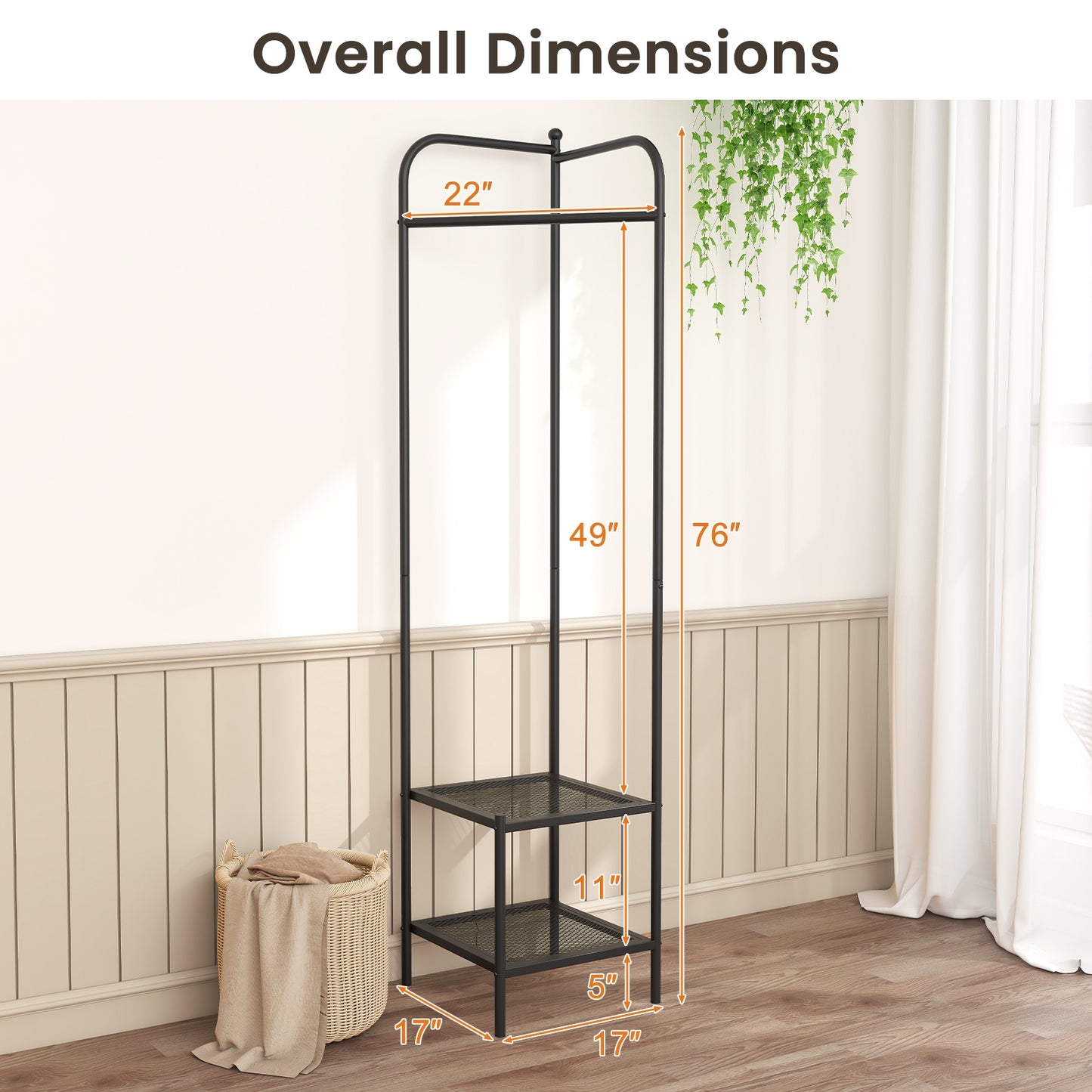 Metal Corner Hall Tree with Hanger Bar and Dual Mesh Shoe Shelves - Black