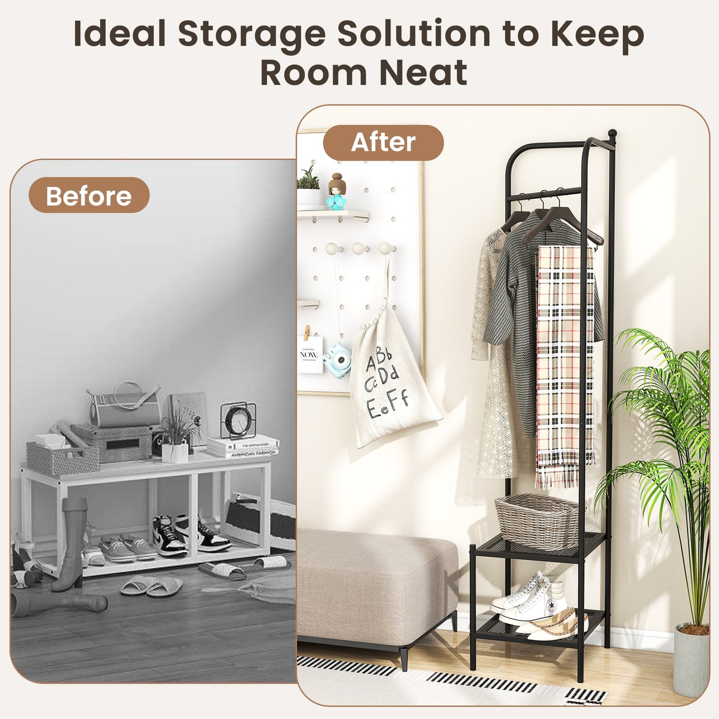 Metal Corner Hall Tree with Hanger Bar and Dual Mesh Shoe Shelves - Black