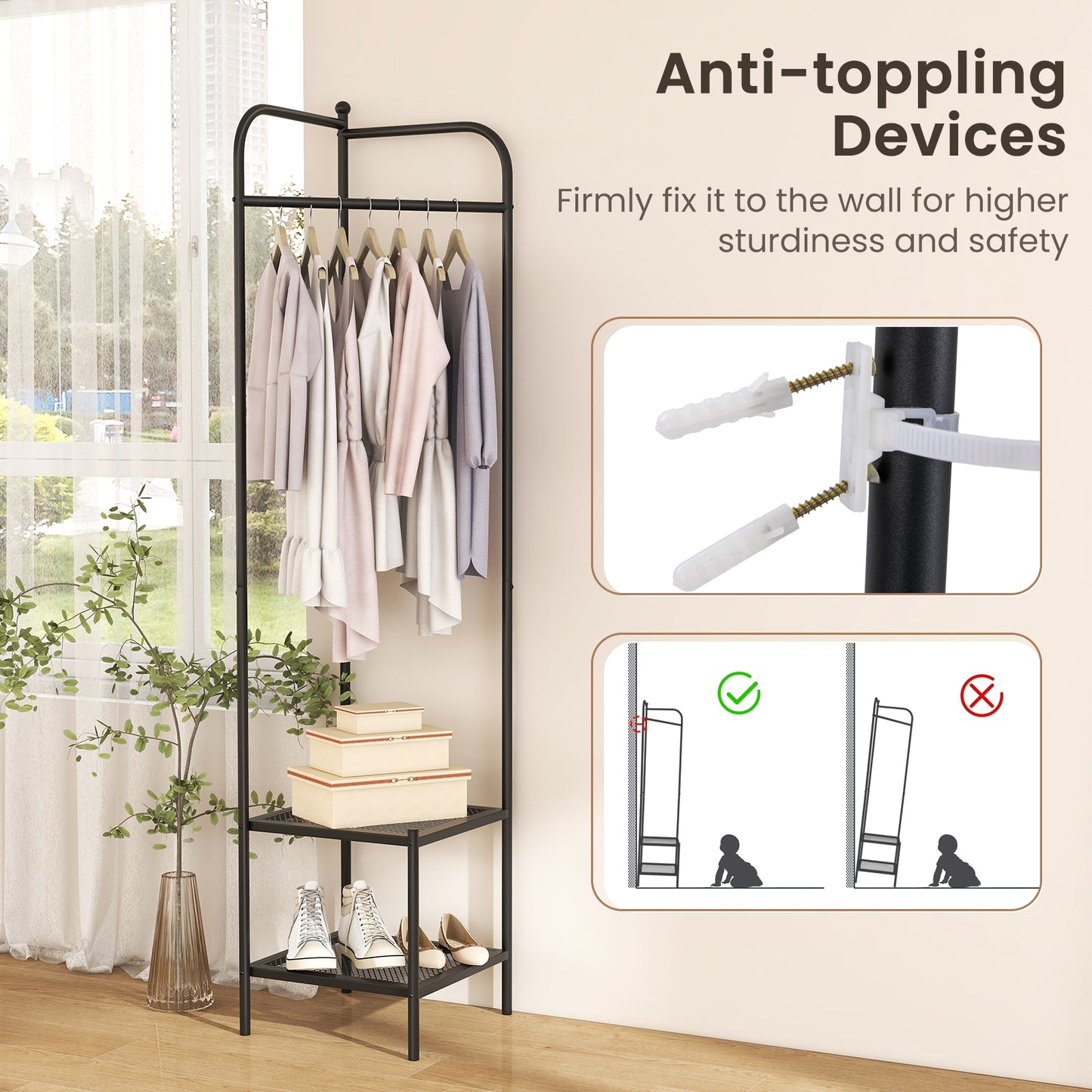 Metal Corner Hall Tree with Hanger Bar and Dual Mesh Shoe Shelves - Black