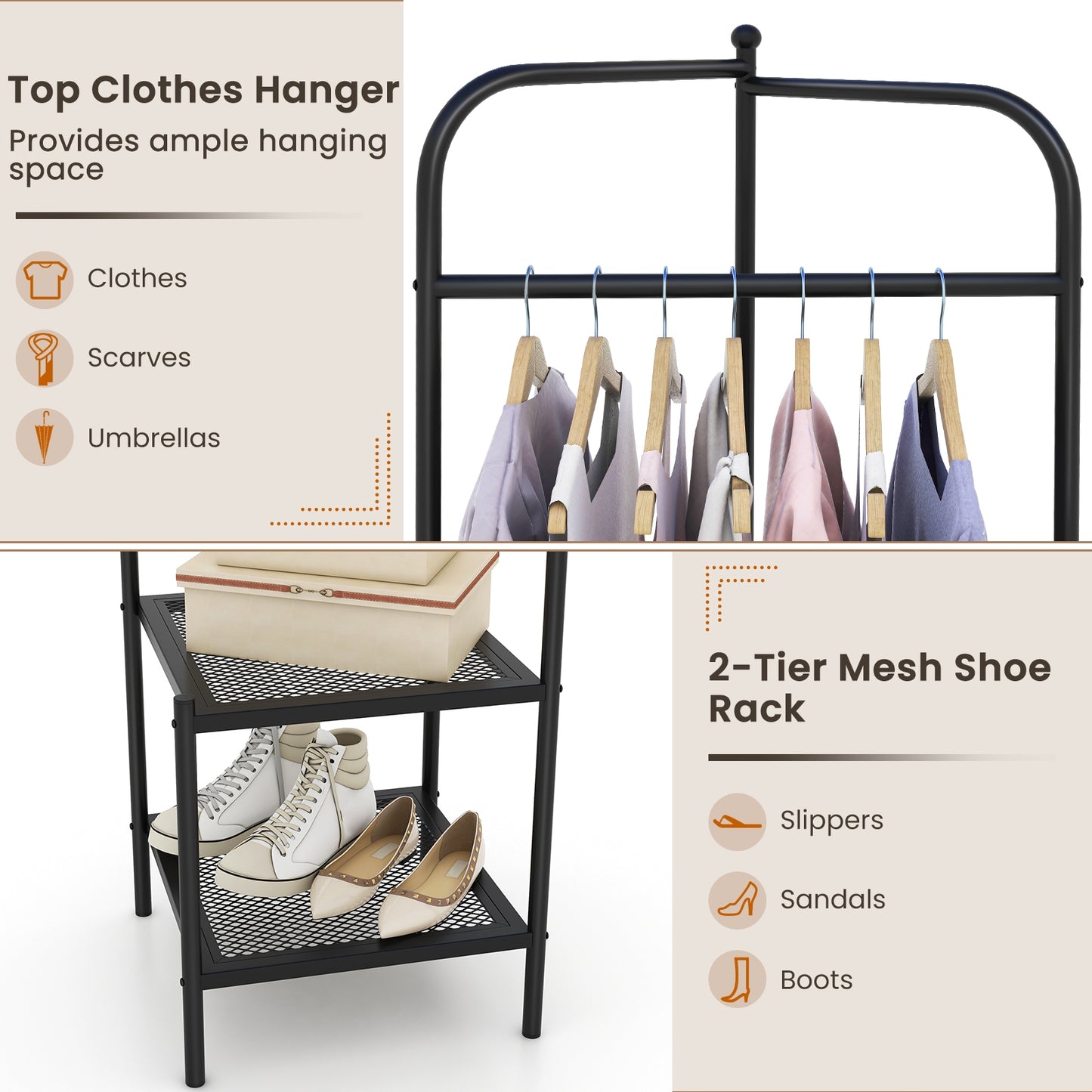 Metal Corner Hall Tree with Hanger Bar and Dual Mesh Shoe Shelves - Black