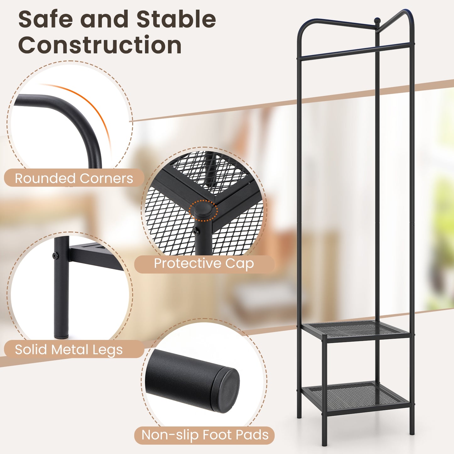 Metal Corner Hall Tree with Hanger Bar and Dual Mesh Shoe Shelves - Black