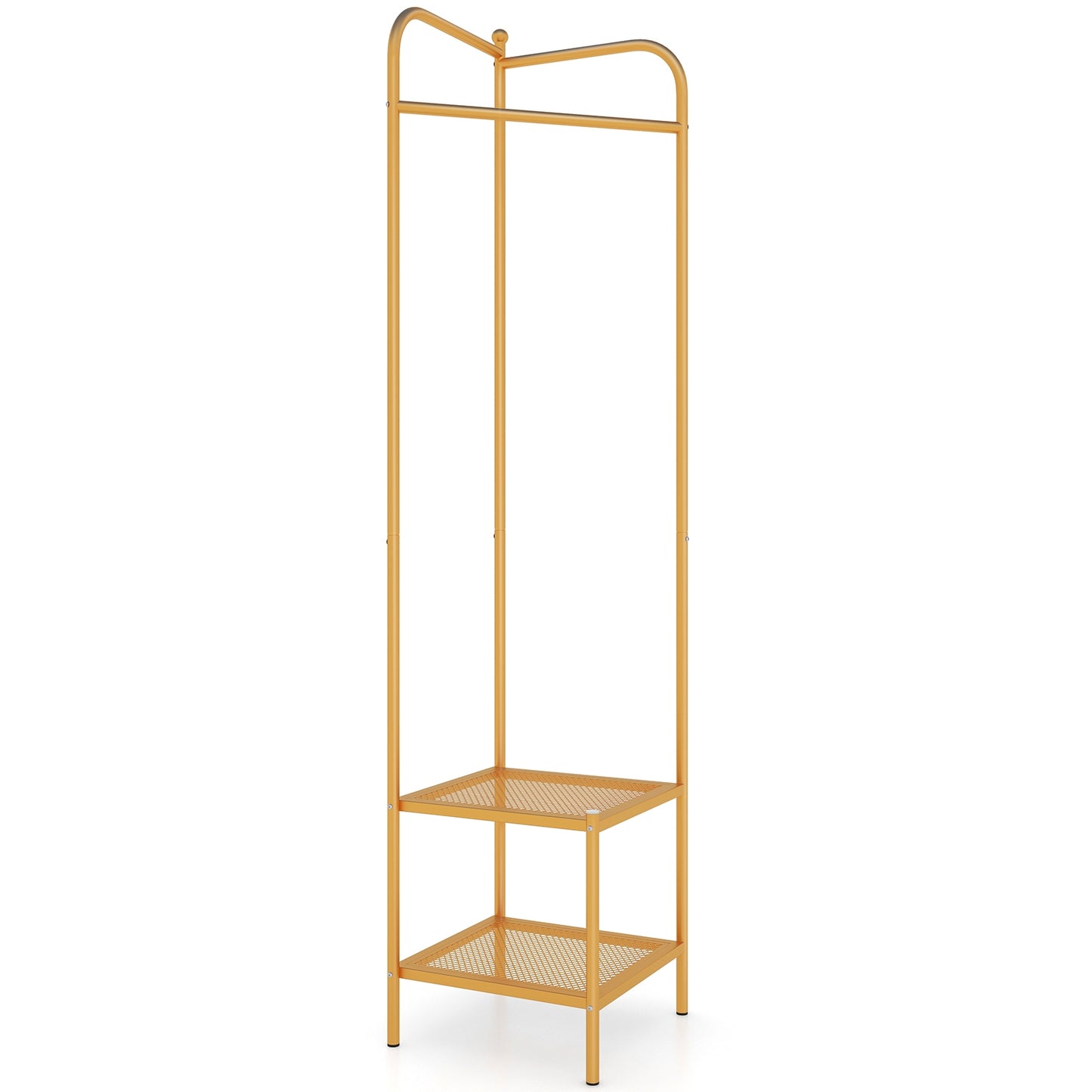 Metal Corner Hall Tree with Hanger Bar and Dual Mesh Shoe Shelves - Golden