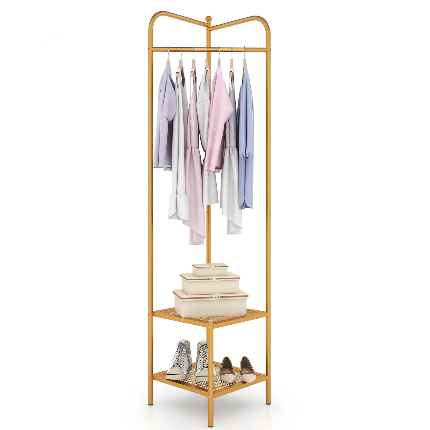 Metal Corner Hall Tree with Hanger Bar and Dual Mesh Shoe Shelves - Golden