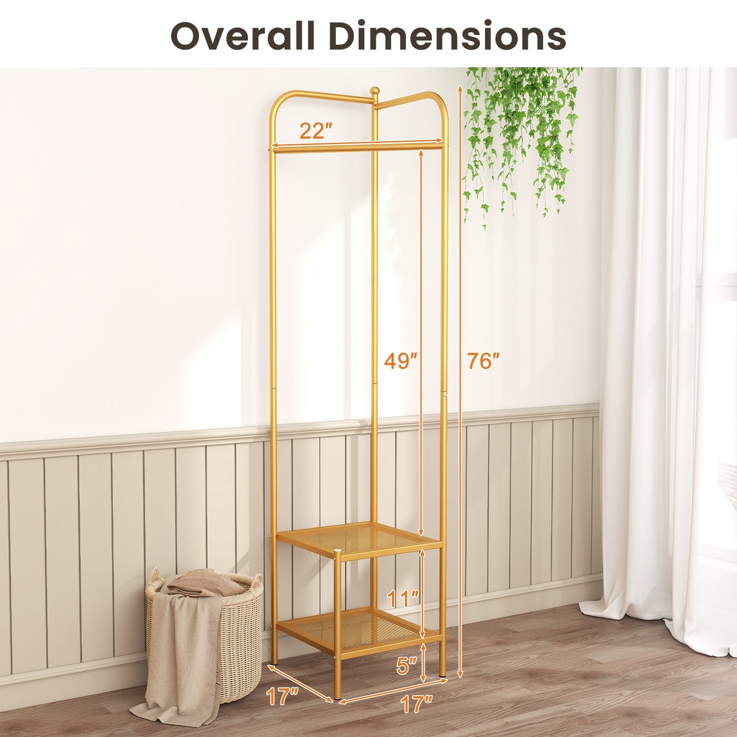 Metal Corner Hall Tree with Hanger Bar and Dual Mesh Shoe Shelves - Golden