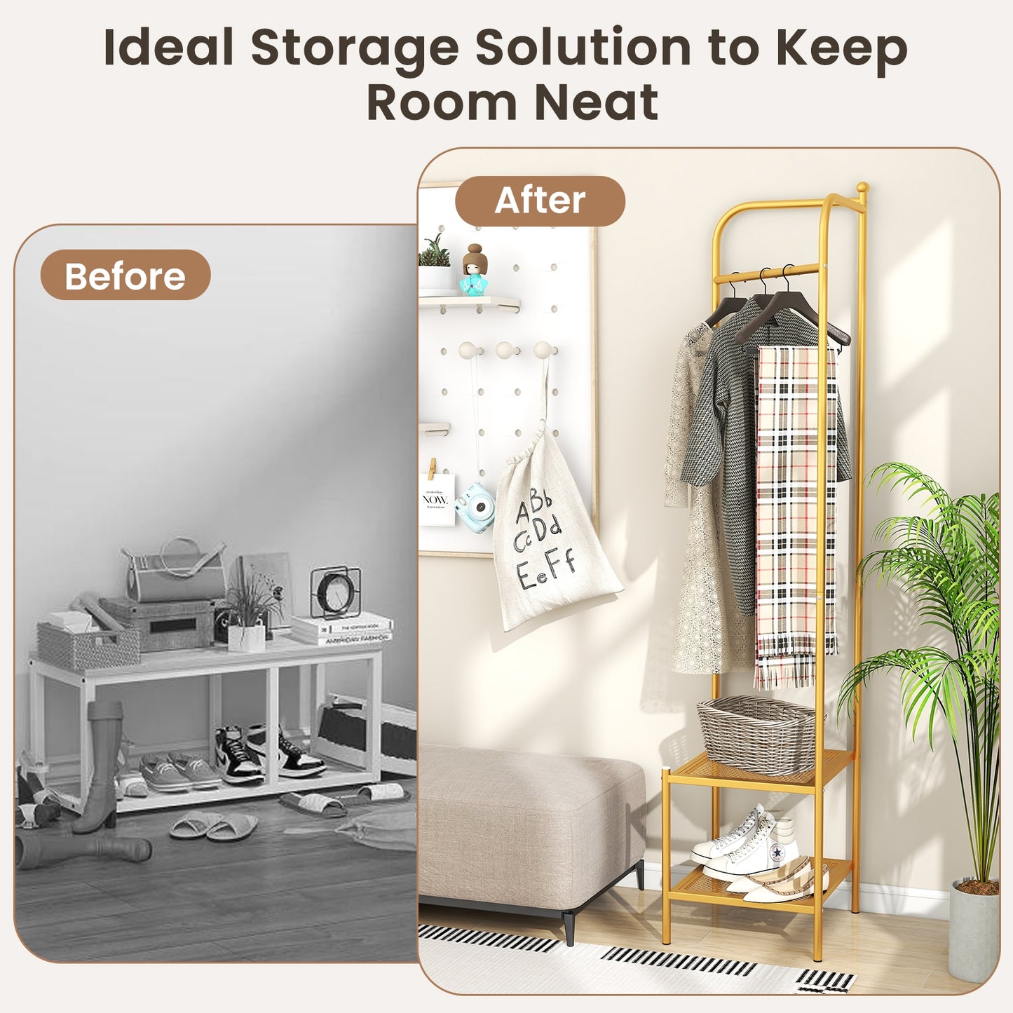 Metal Corner Hall Tree with Hanger Bar and Dual Mesh Shoe Shelves - Golden