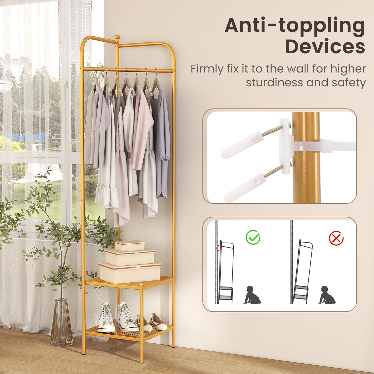 Metal Corner Hall Tree with Hanger Bar and Dual Mesh Shoe Shelves - Golden