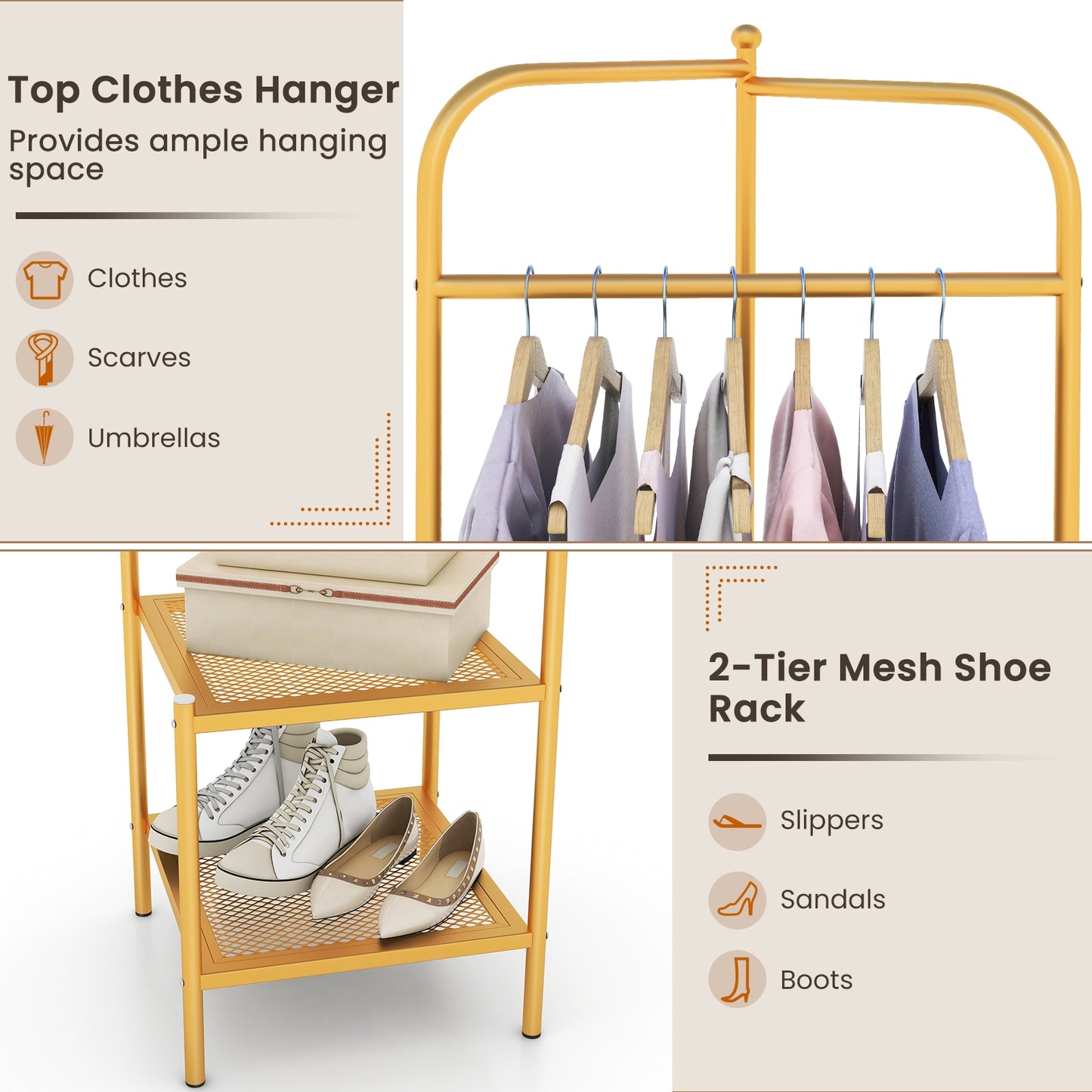 Metal Corner Hall Tree with Hanger Bar and Dual Mesh Shoe Shelves - Golden