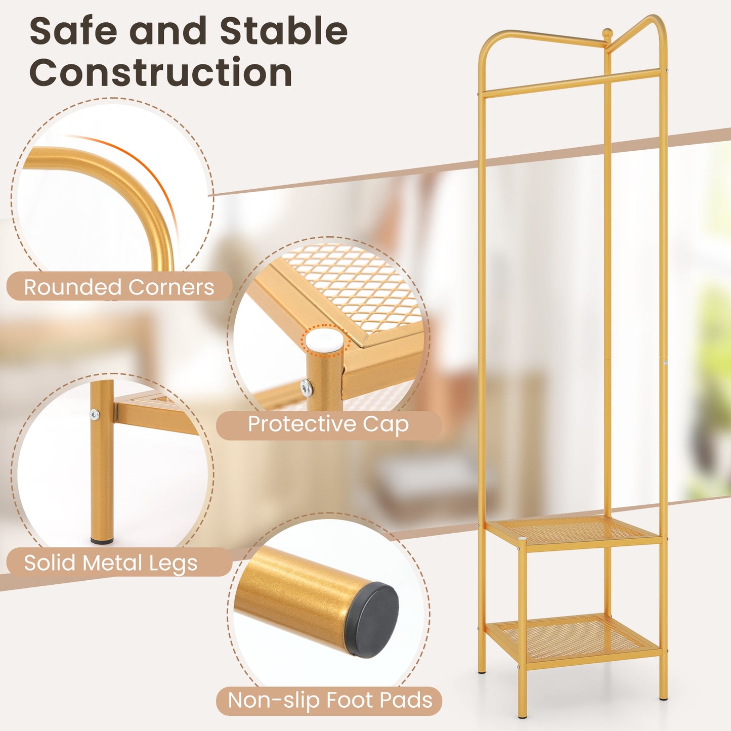 Metal Corner Hall Tree with Hanger Bar and Dual Mesh Shoe Shelves - Golden