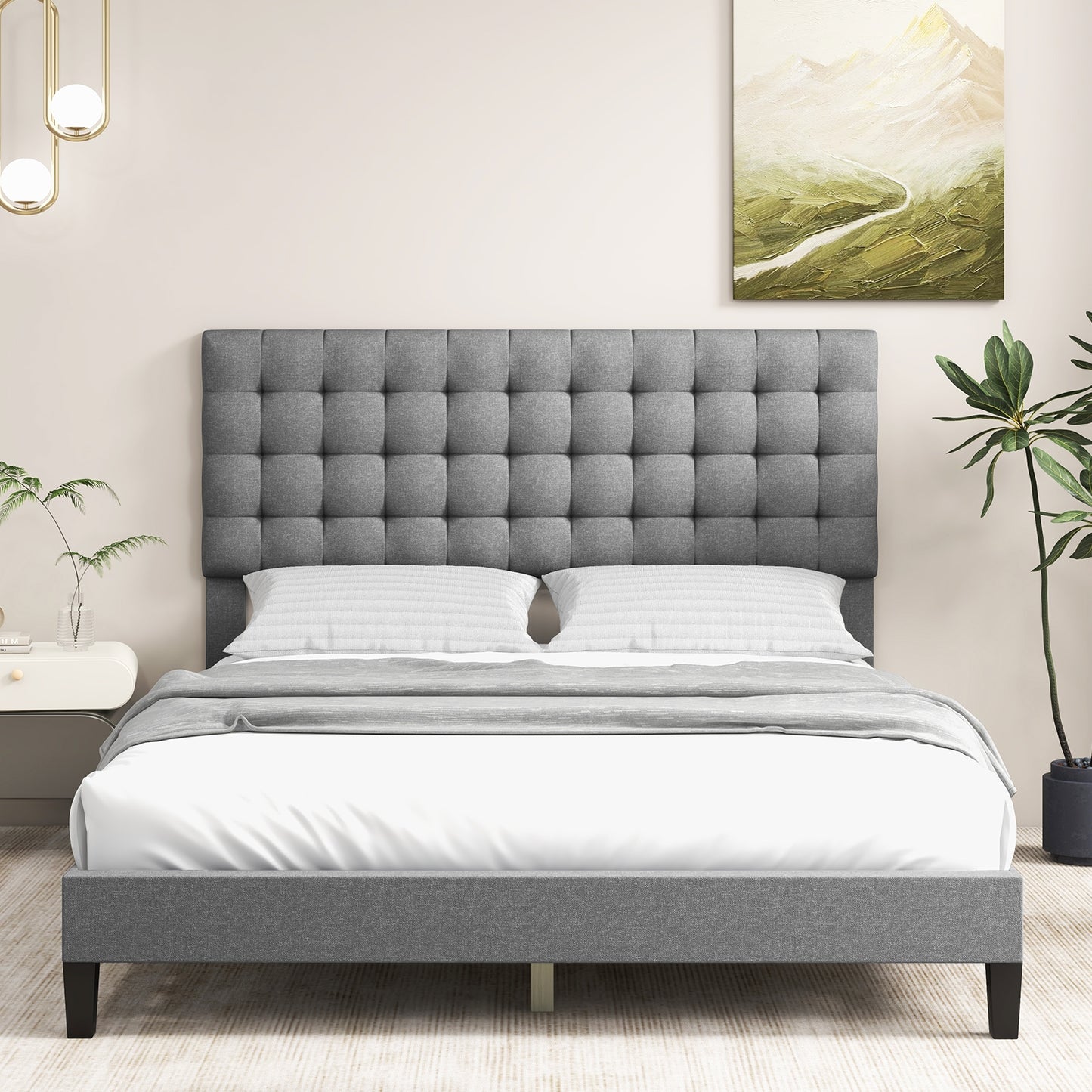 Elegant Upholstered Queen Platform Bed with Stitched Square Headboard in Grey