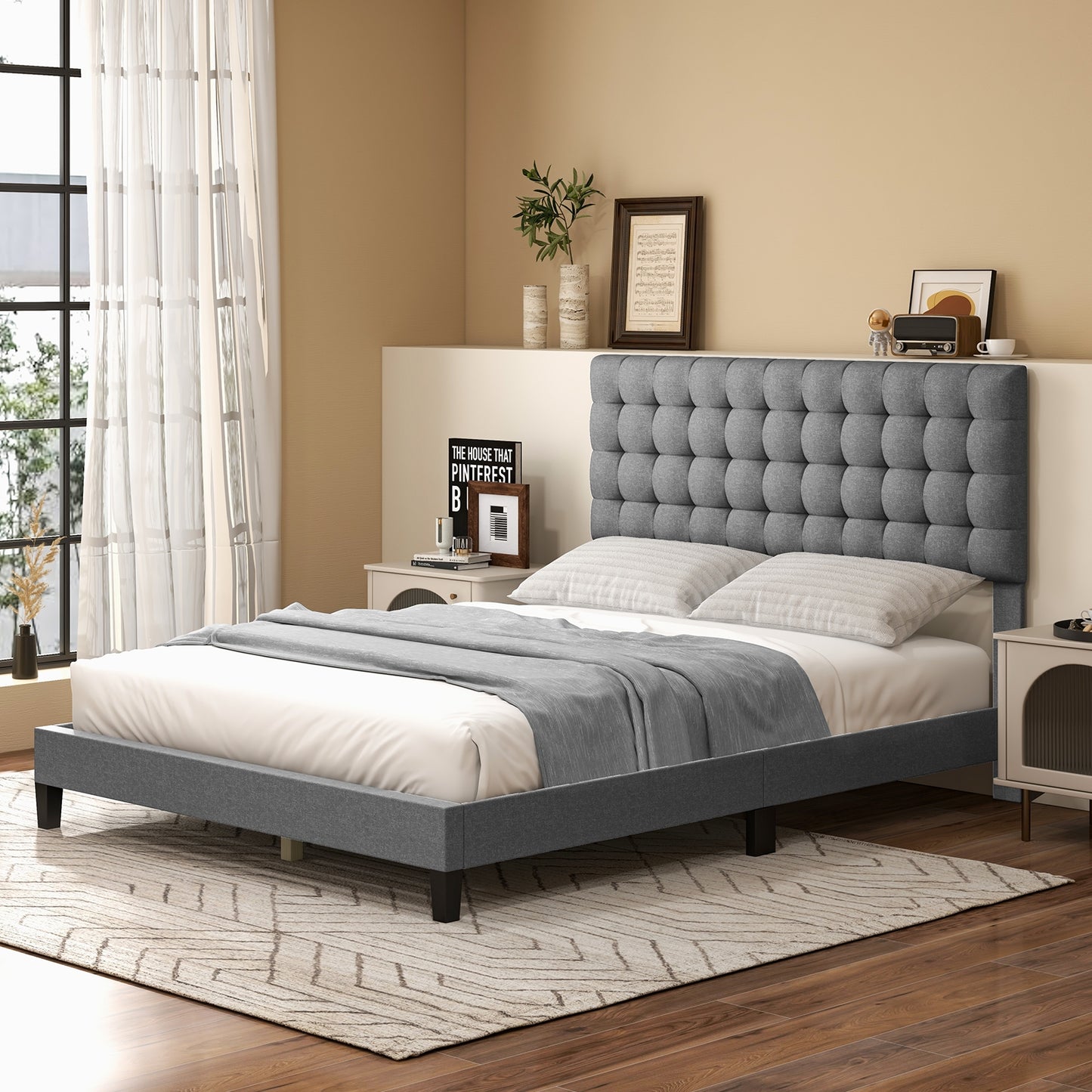 Elegant Upholstered Queen Platform Bed with Stitched Square Headboard in Grey