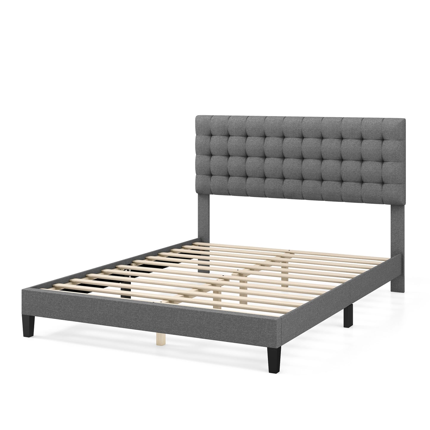 Elegant Upholstered Queen Platform Bed with Stitched Square Headboard in Grey
