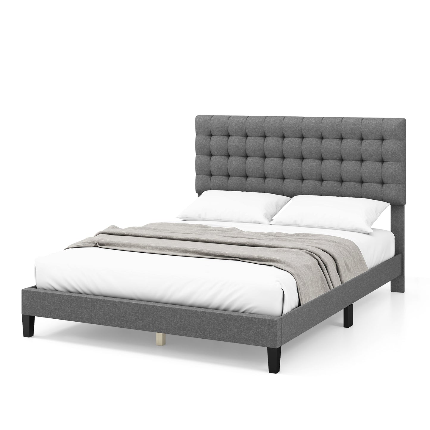Elegant Upholstered Queen Platform Bed with Stitched Square Headboard in Grey