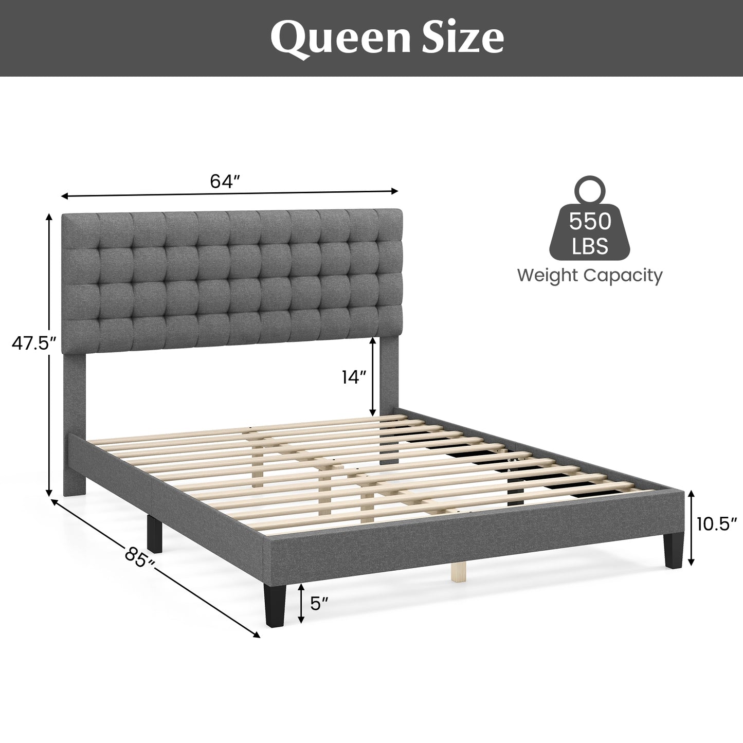 Elegant Upholstered Queen Platform Bed with Stitched Square Headboard in Grey