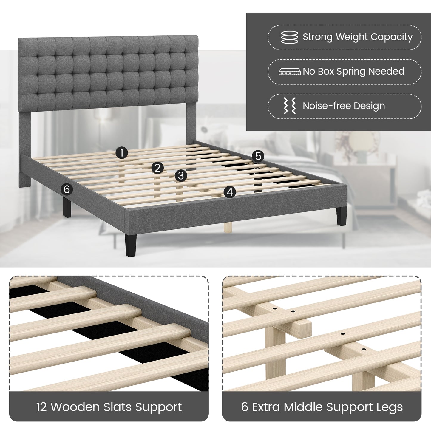 Elegant Upholstered Queen Platform Bed with Stitched Square Headboard in Grey
